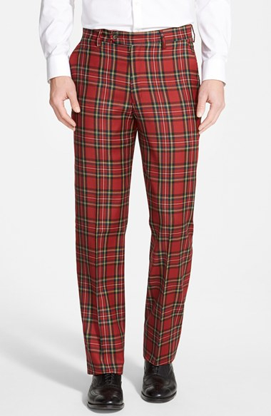 Berle Flat Front Plaid Wool Trousers in Red for Men | Lyst