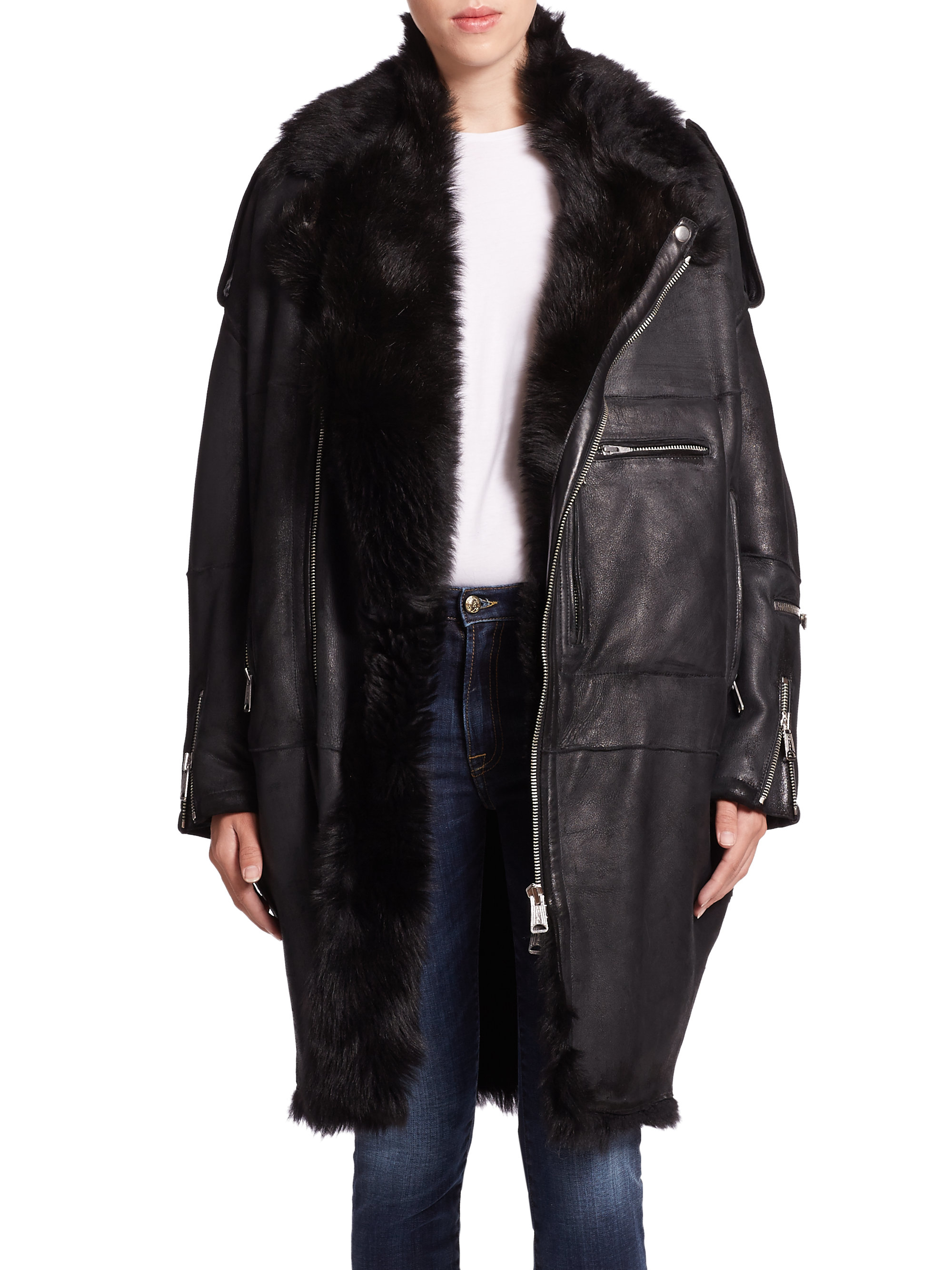 R13 Oversized Leather & Shearling Moto Jacket in Black Lyst