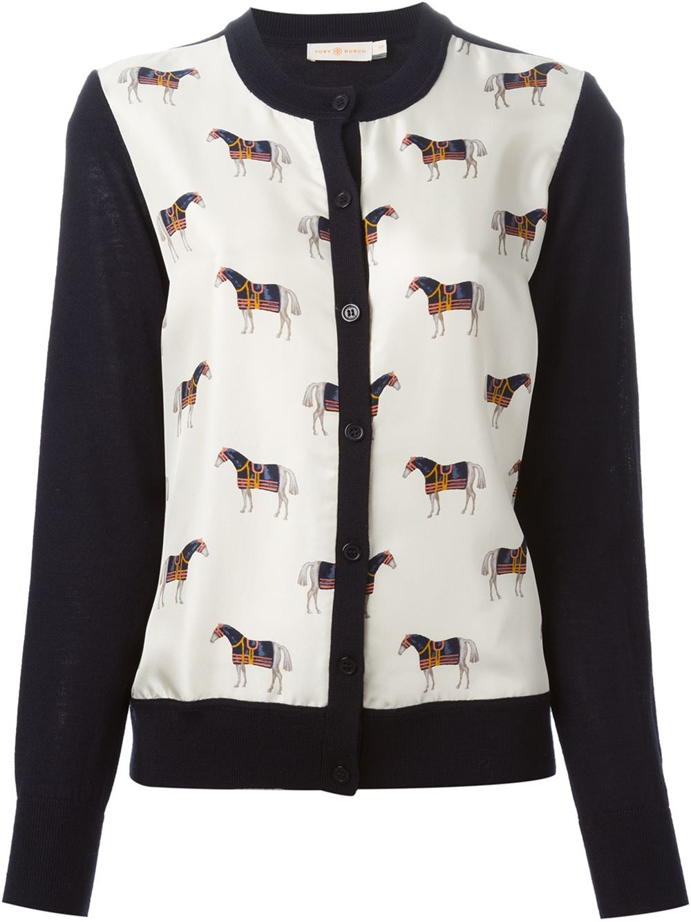 Lyst Tory burch Horses Print Cardigan in Blue