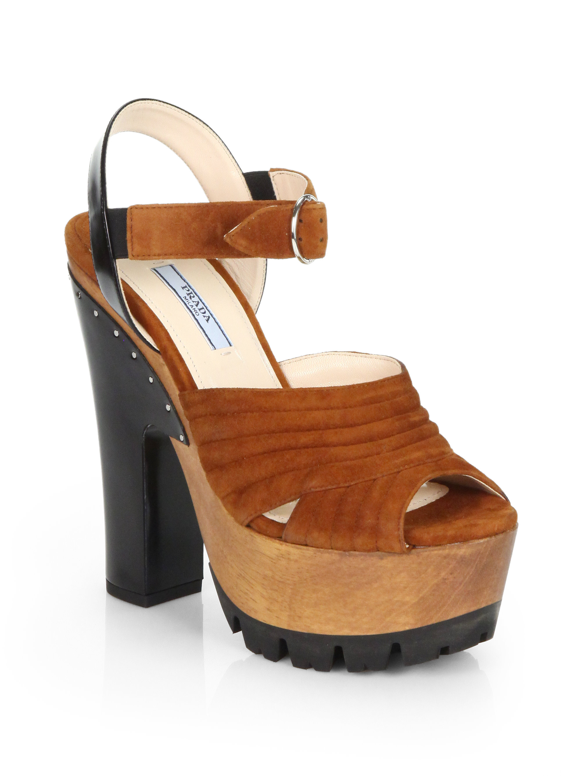 Prada Suede Wooden Platform Sandals in Black (BROWN-BLACK) | Lyst  