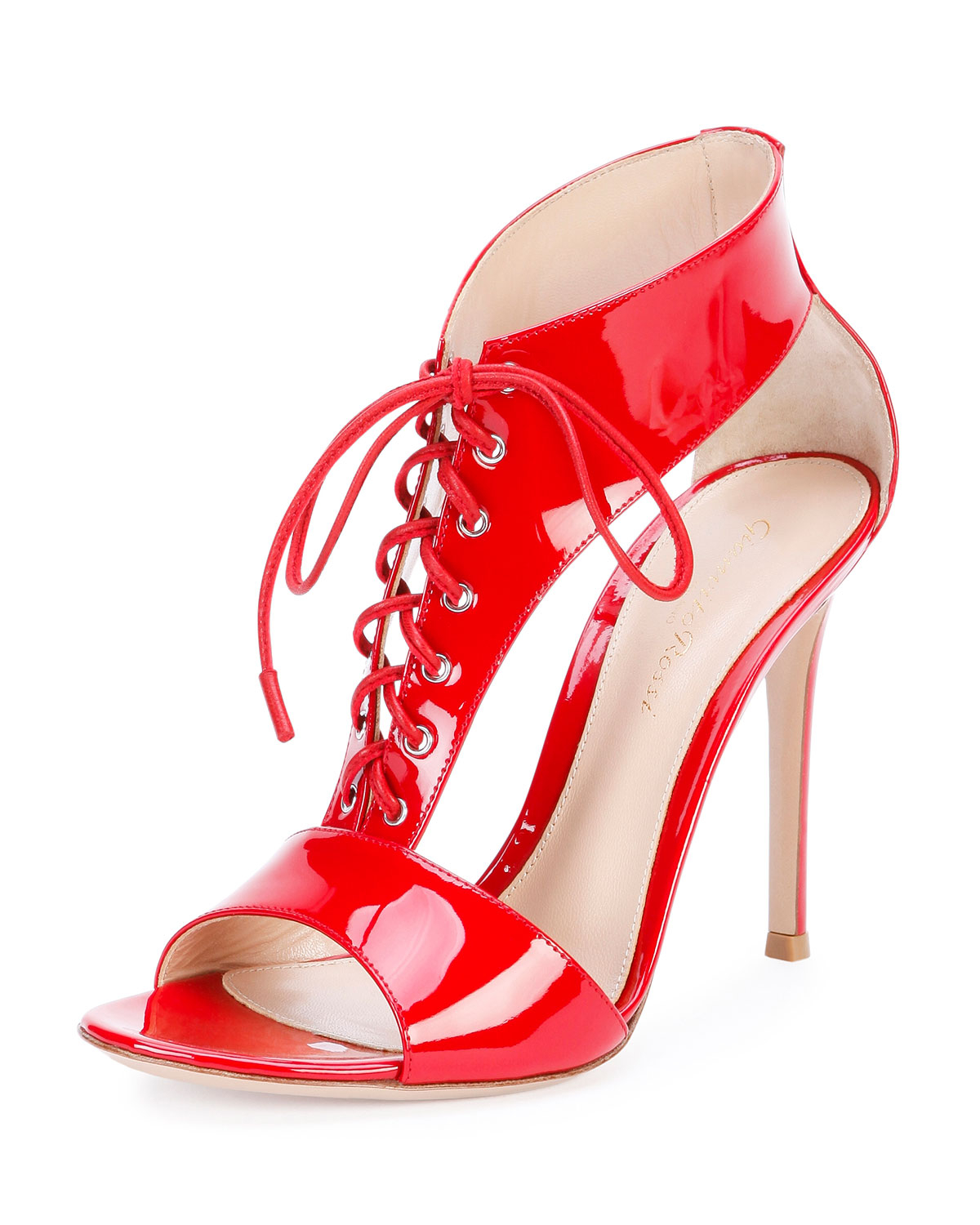 Gianvito rossi T-Strap Patent Lace-Up Sandal in Red | Lyst