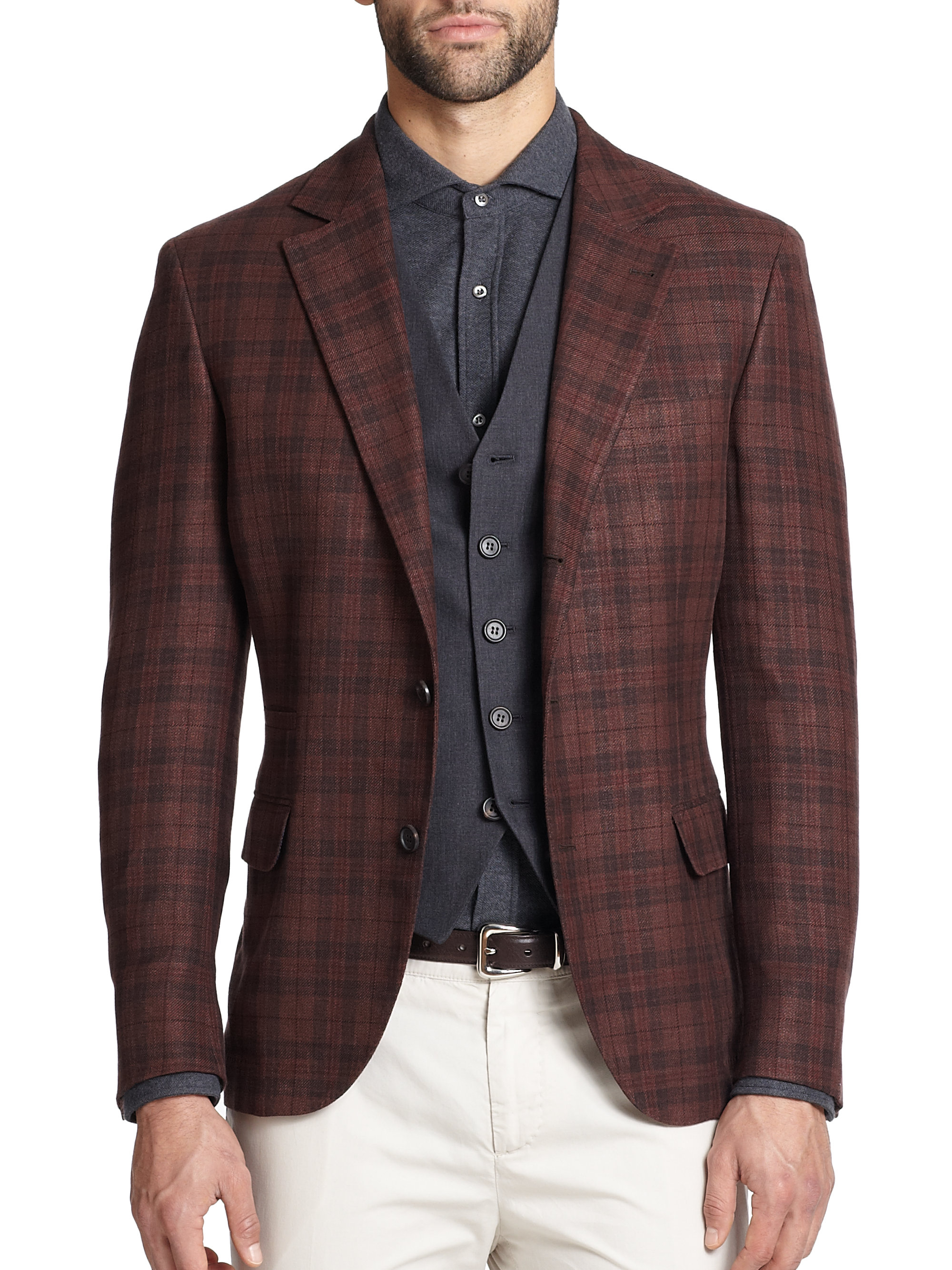 Lyst - Brunello cucinelli Wool/silk/linen Plaid Jacket in Brown for Men