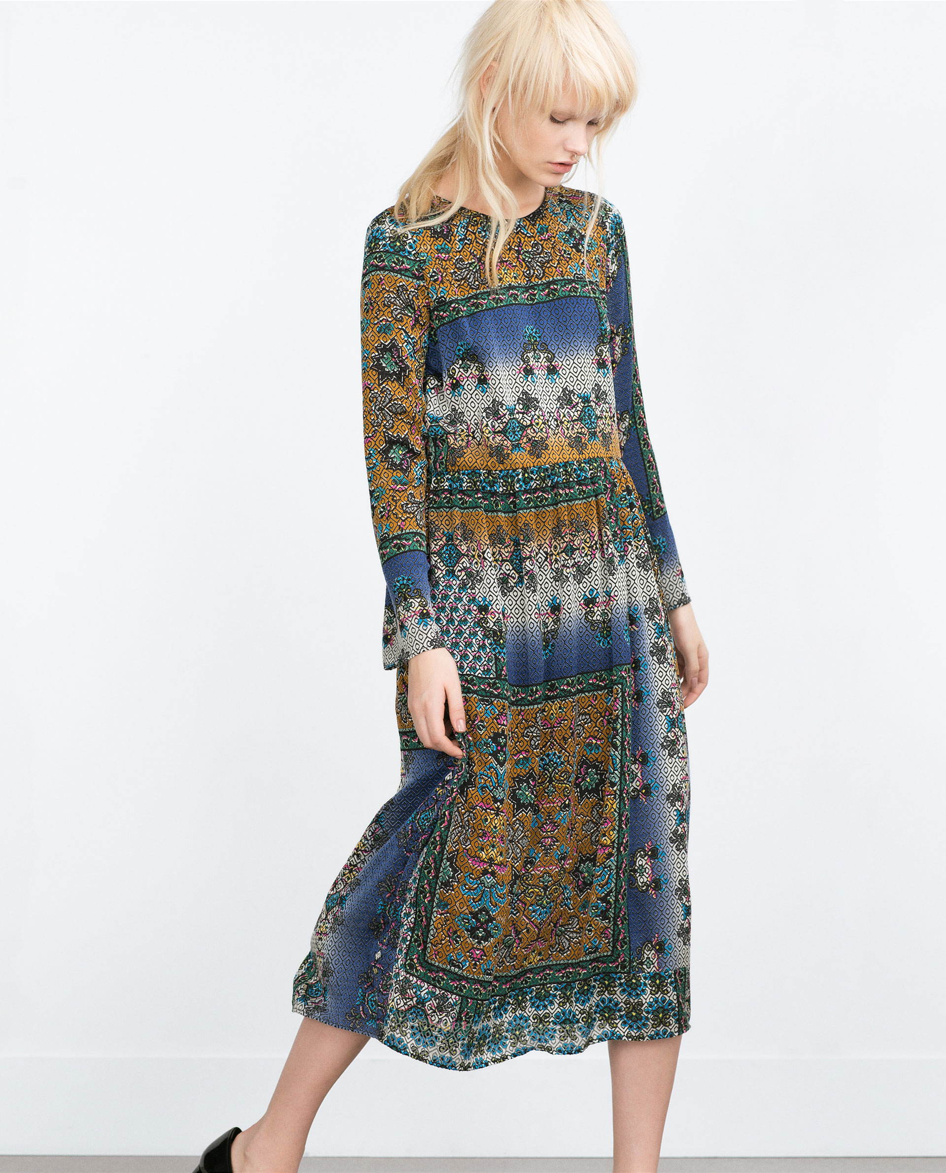 Zara Patchwork Print Dress in Green | Lyst