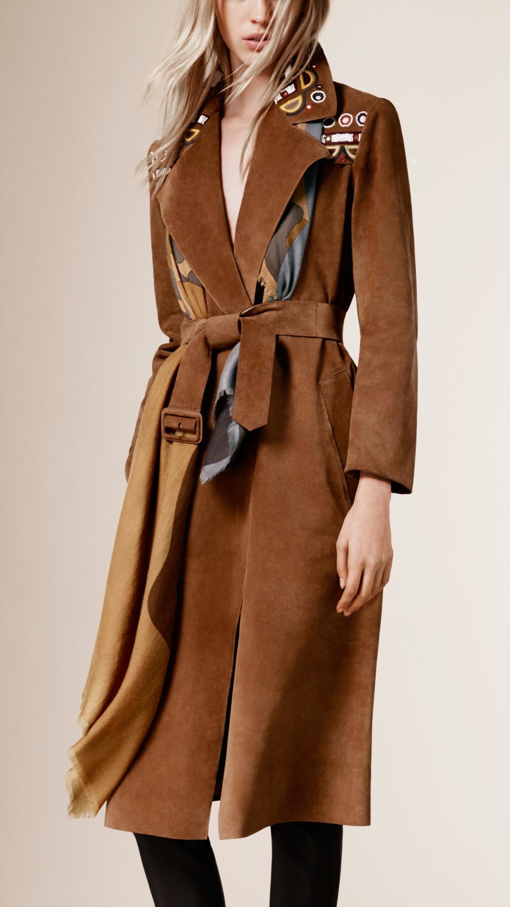Burberry Embroidered Suede Trench Coat in Brown | Lyst