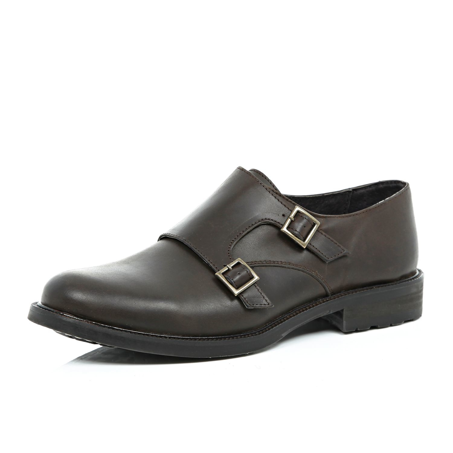 River island Brown Leather Chunky Sole Monk Strap Shoes in Brown for Men