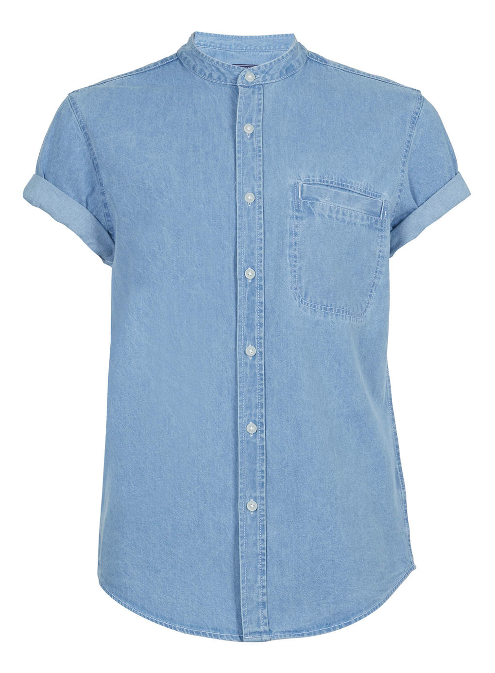 Topman Blue Denim Short Sleeve Stand Collar Shirt in Blue for Men | Lyst