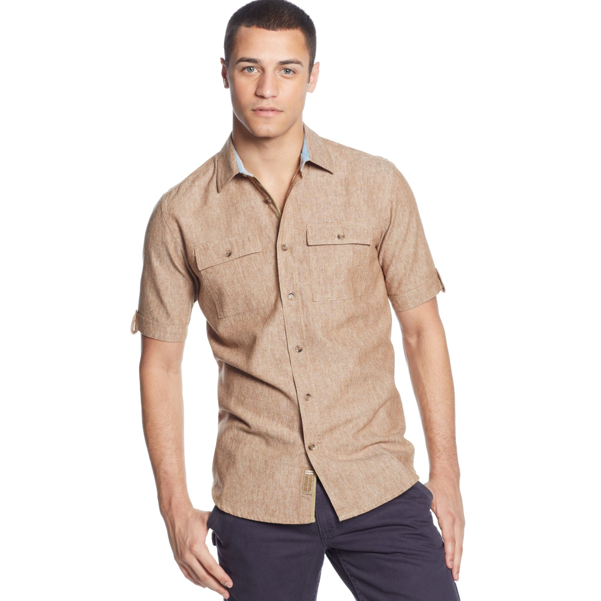 Sean John Shortsleeve Linenblend Shirt in Brown for Men (Rubber) | Lyst