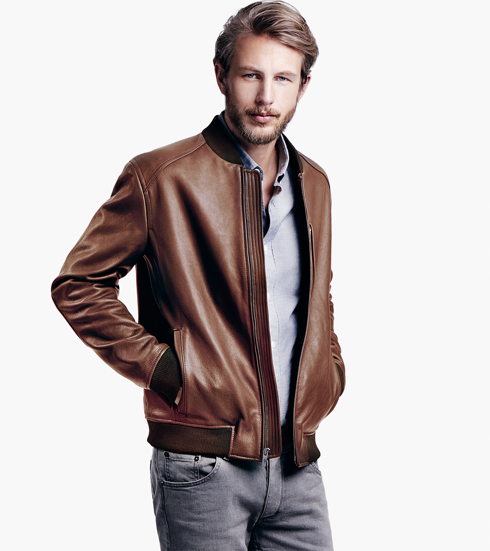 Cole haan Varsity Leather Baseball Jacket in Brown for Men | Lyst