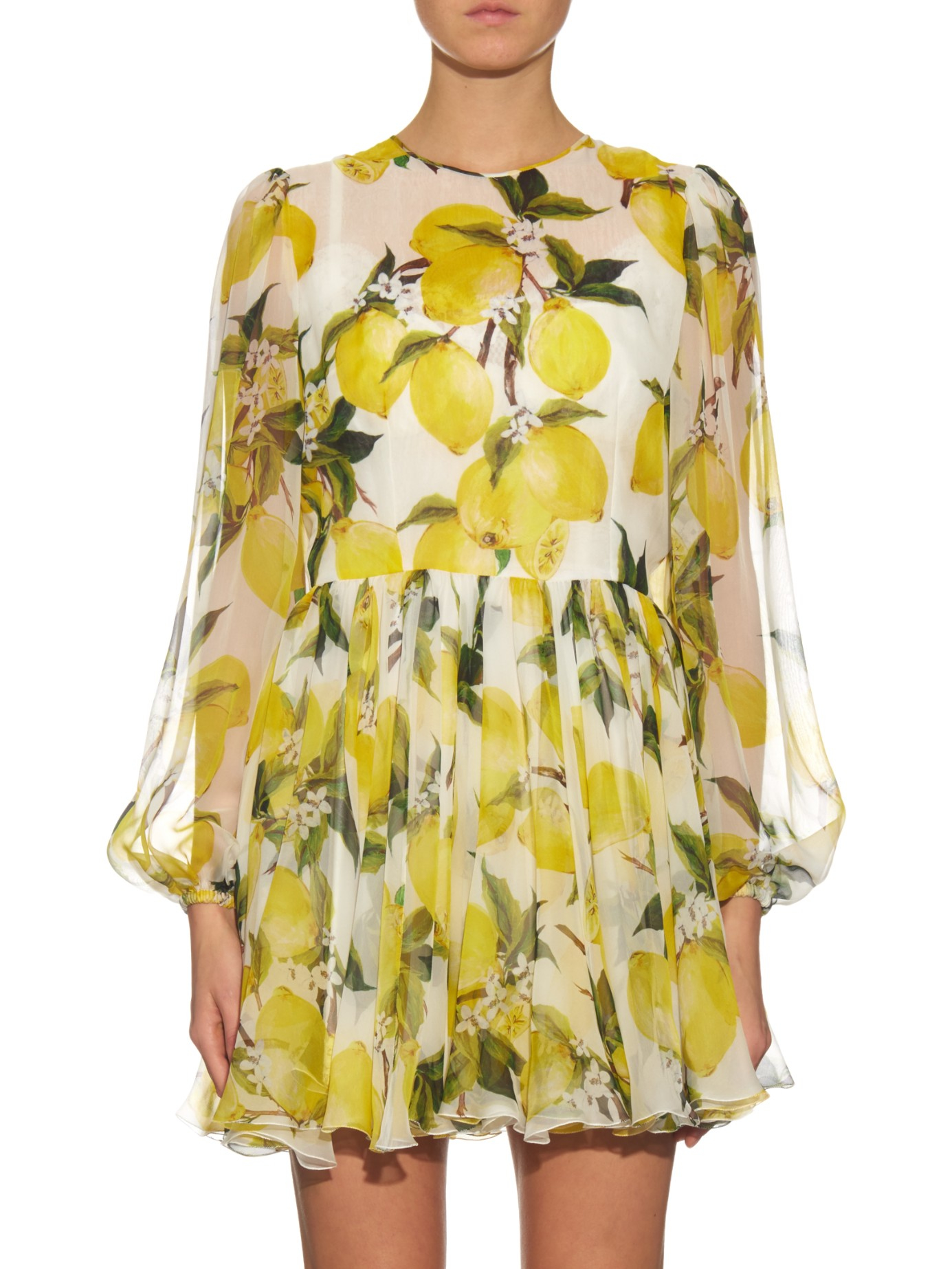 Dolce & gabbana Lemon-print Silk-chiffon Mini Dress in Yellow | Lyst