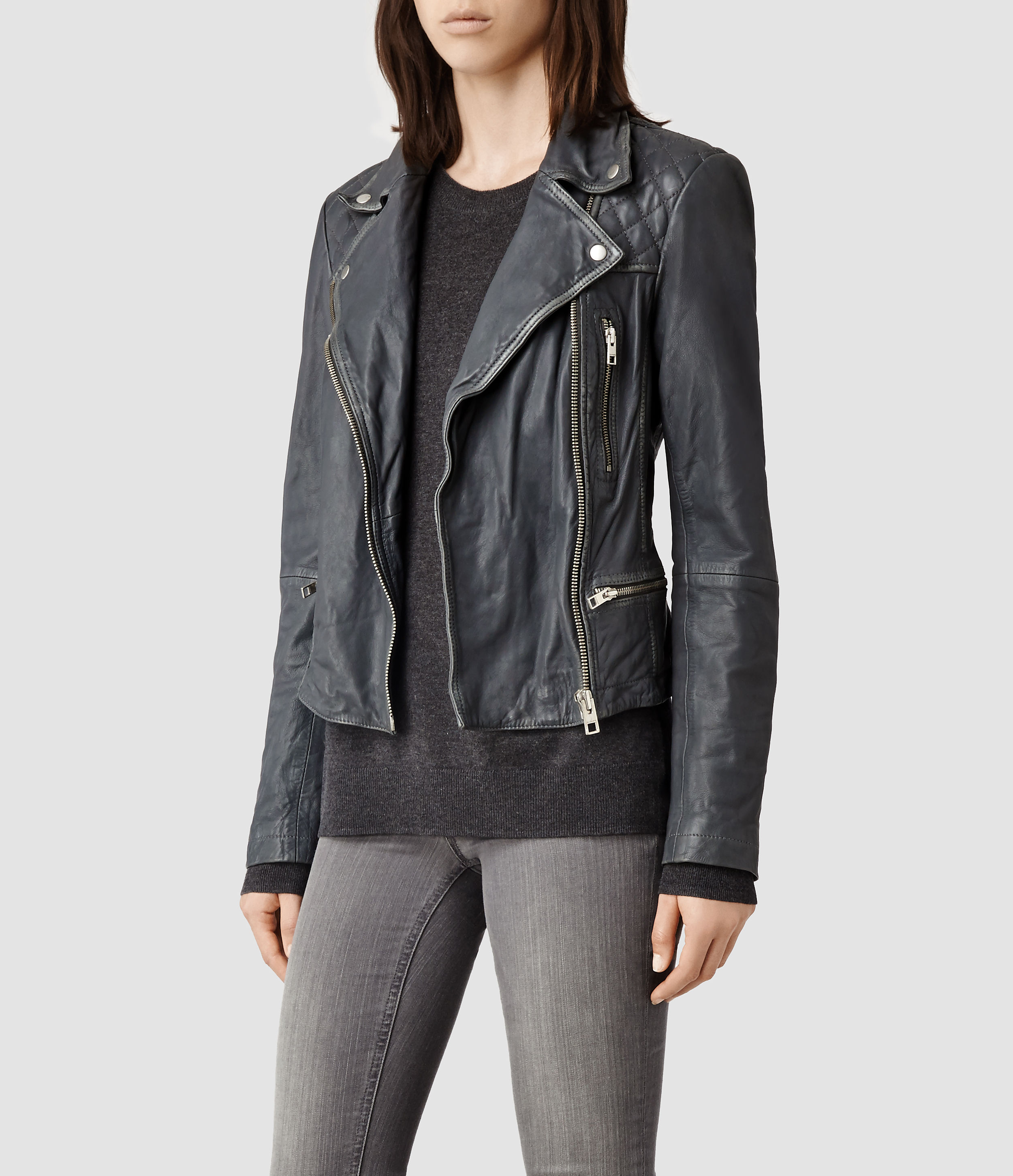 Allsaints Cargo Leather Biker Jacket In Gray Lyst Gallery