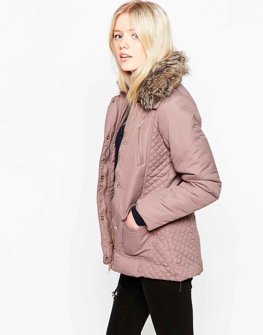 Brave soul Quilted Faux Fur Collar Jacket in Pink (Minkblack) Lyst