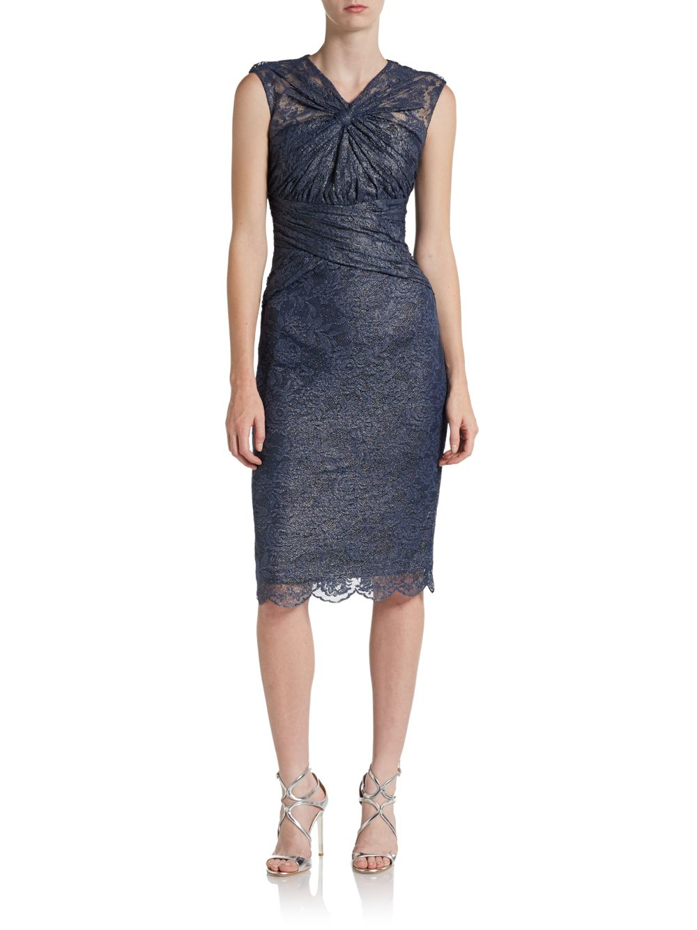 Badgley Mischka Knot-Front Shimmer Lace Dress in Blue (navy) | Lyst