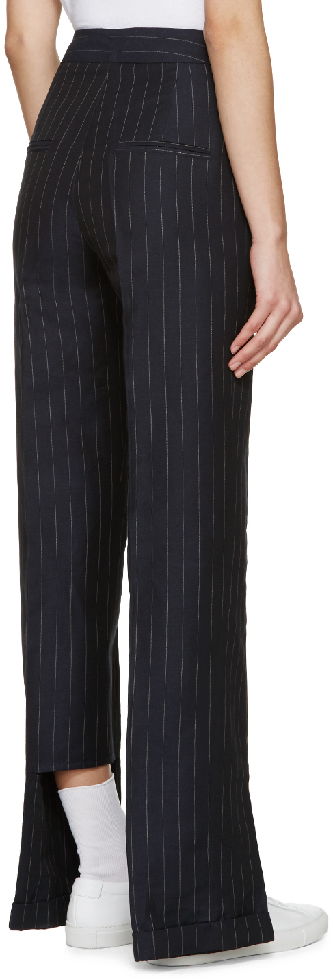 pinstripe navy trousers