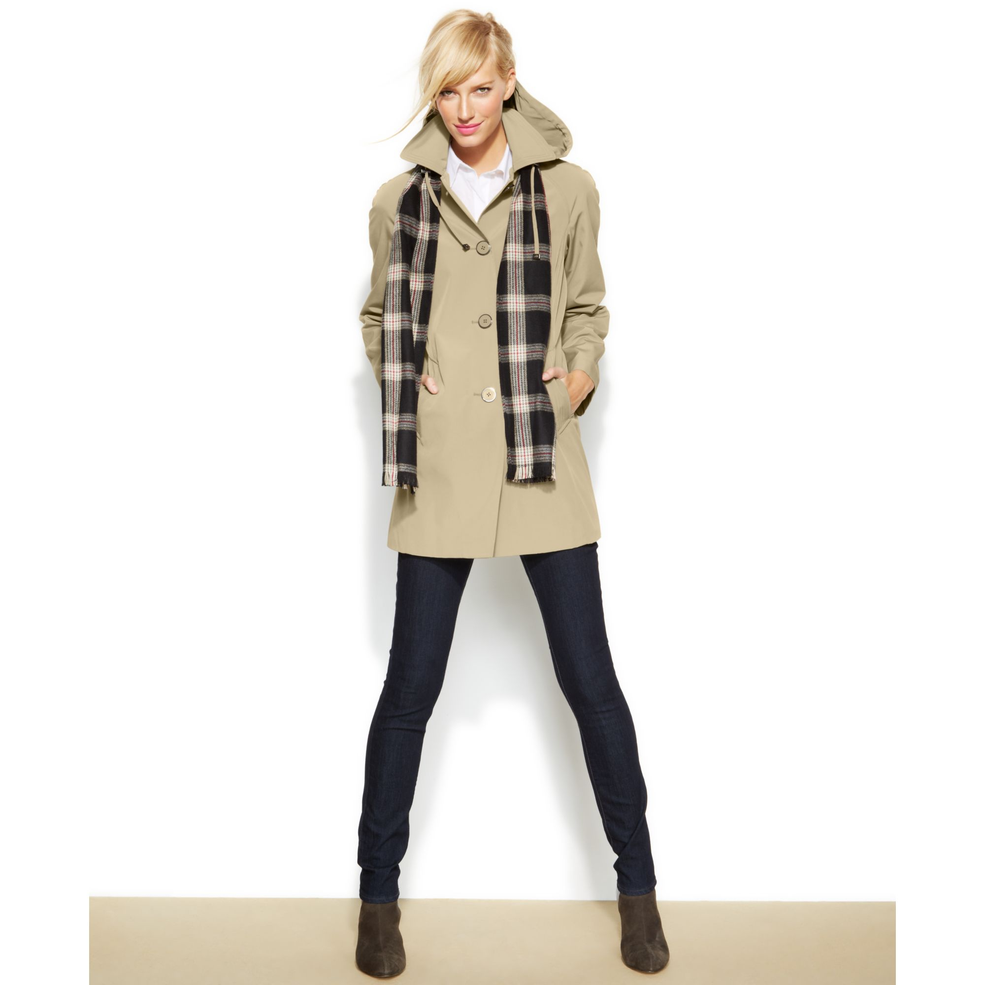 London fog Short Trench Coat With Scarf in Khaki | Lyst