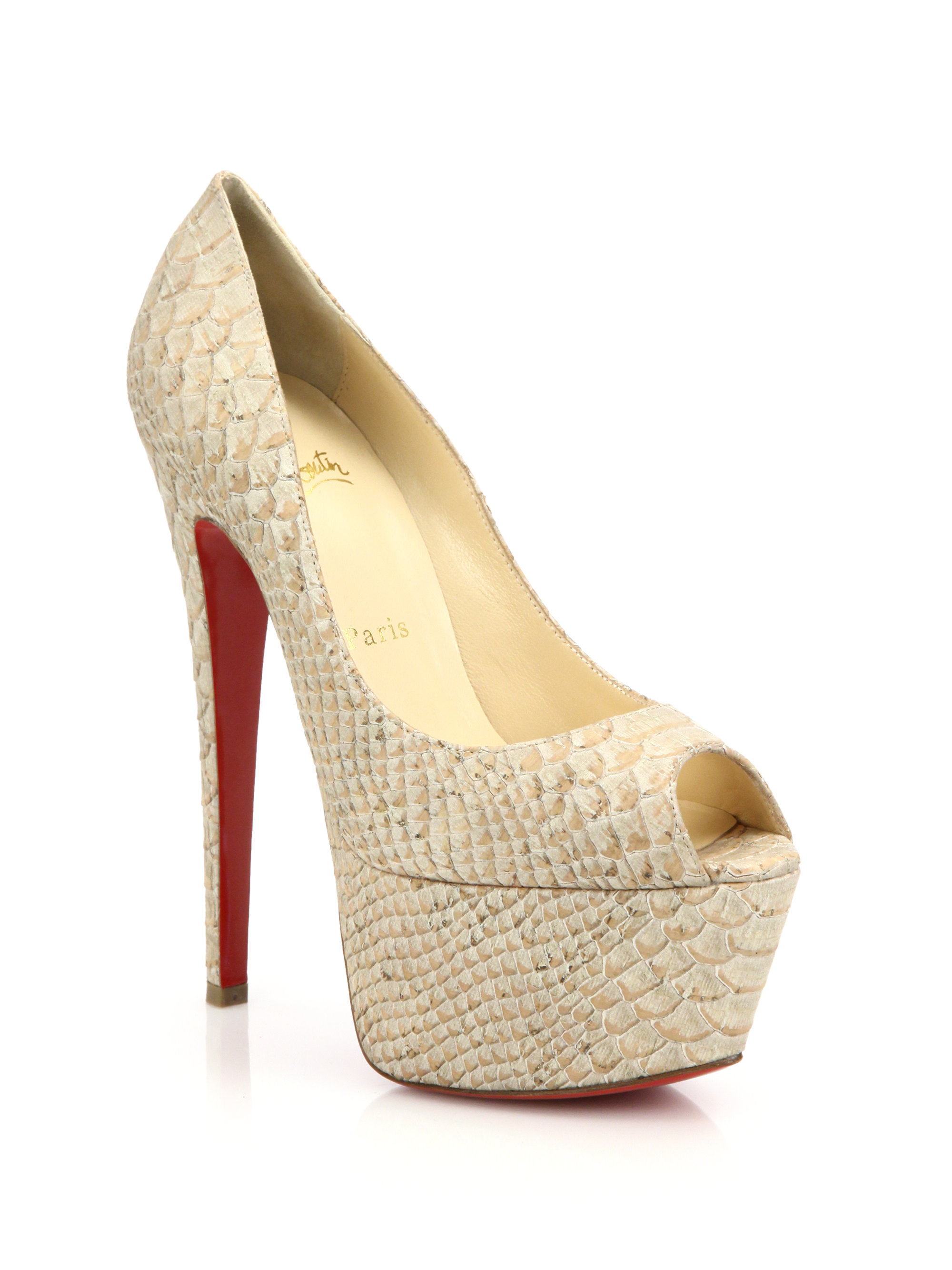 christian louboutin peep-toe wedges White and grey embossed ...