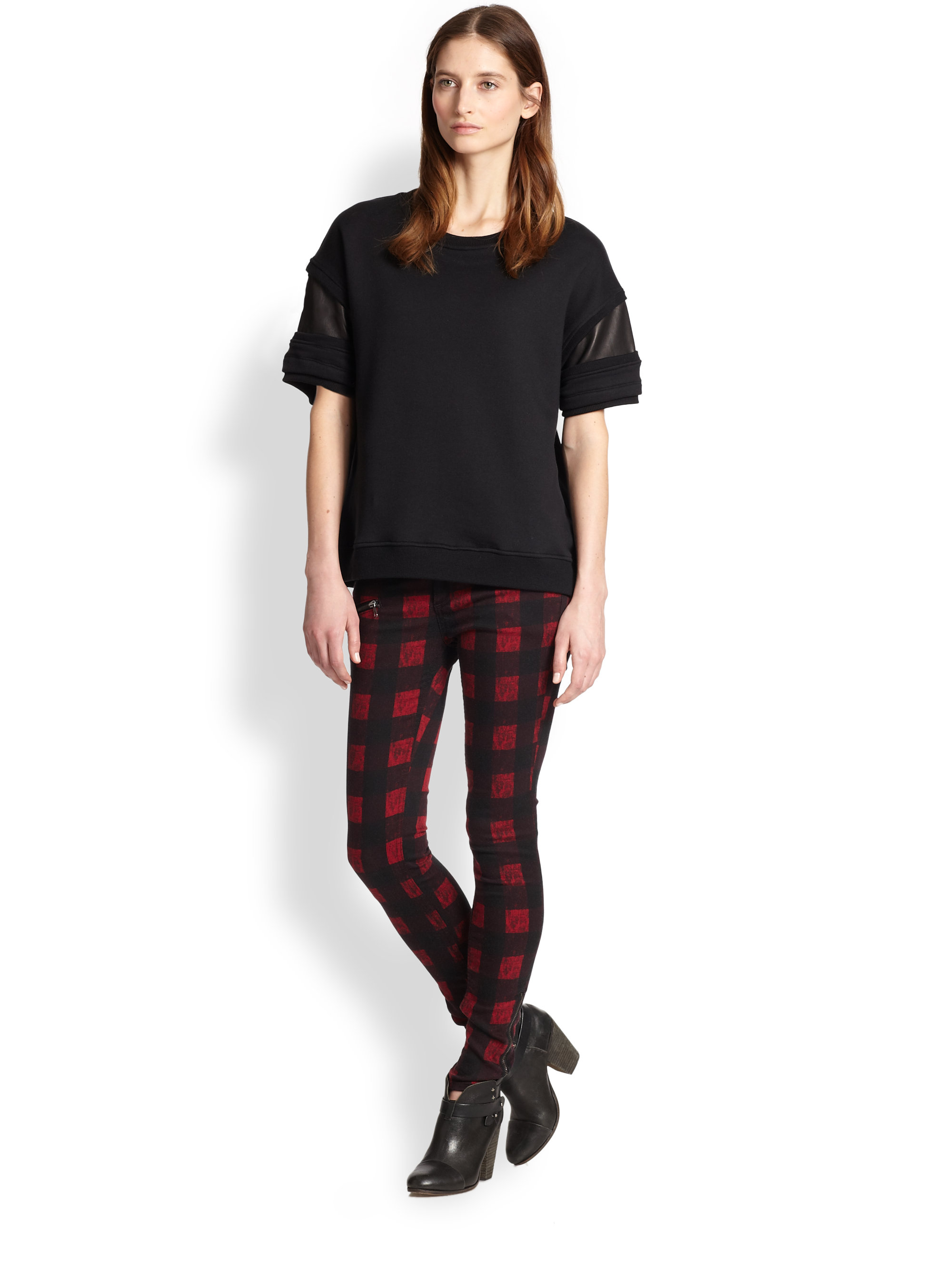 red plaid skinny jeans