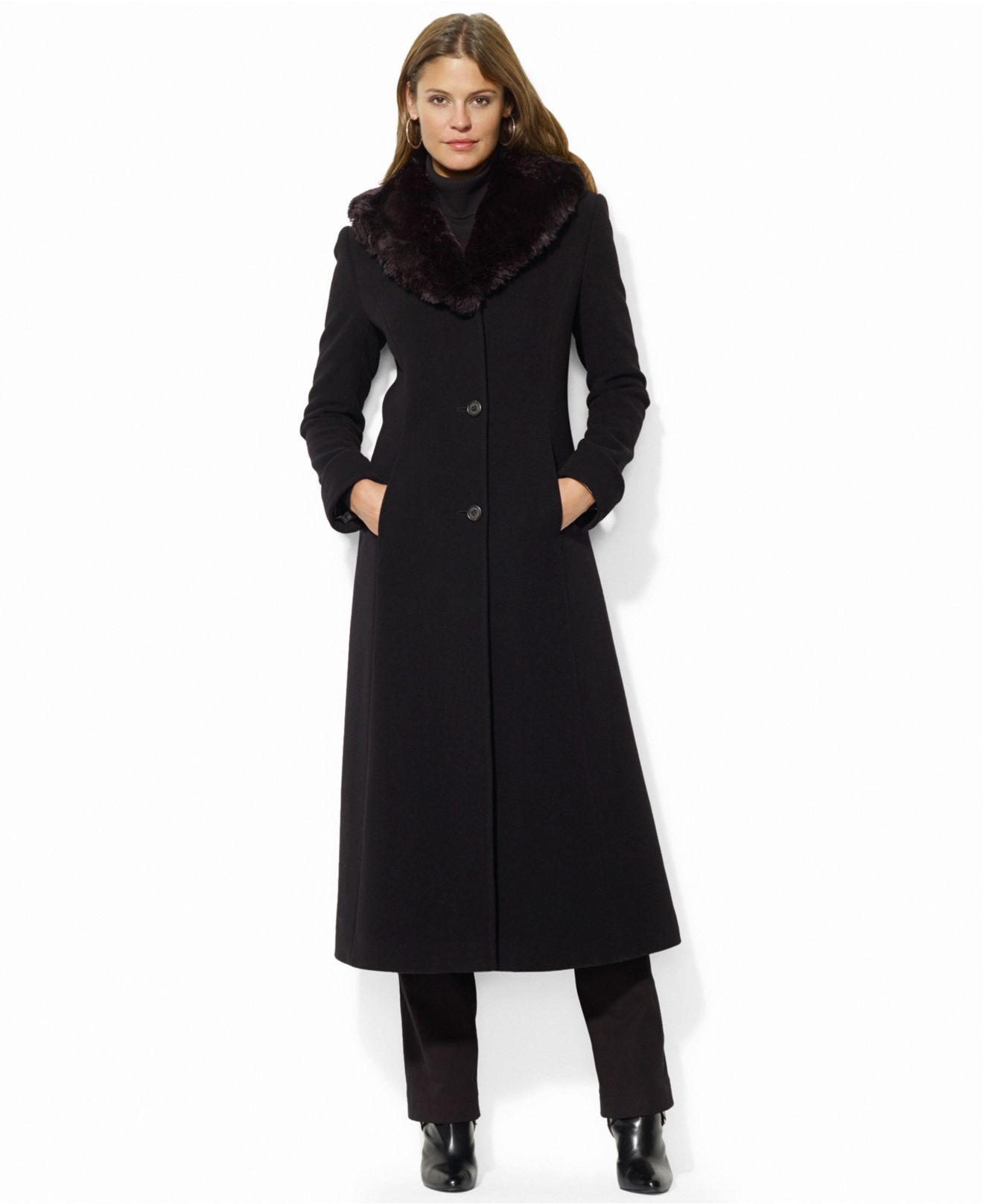 Lyst Lauren By Ralph Lauren Wool Cashmere Blend Faux Fur Collar Maxi Coat In Black