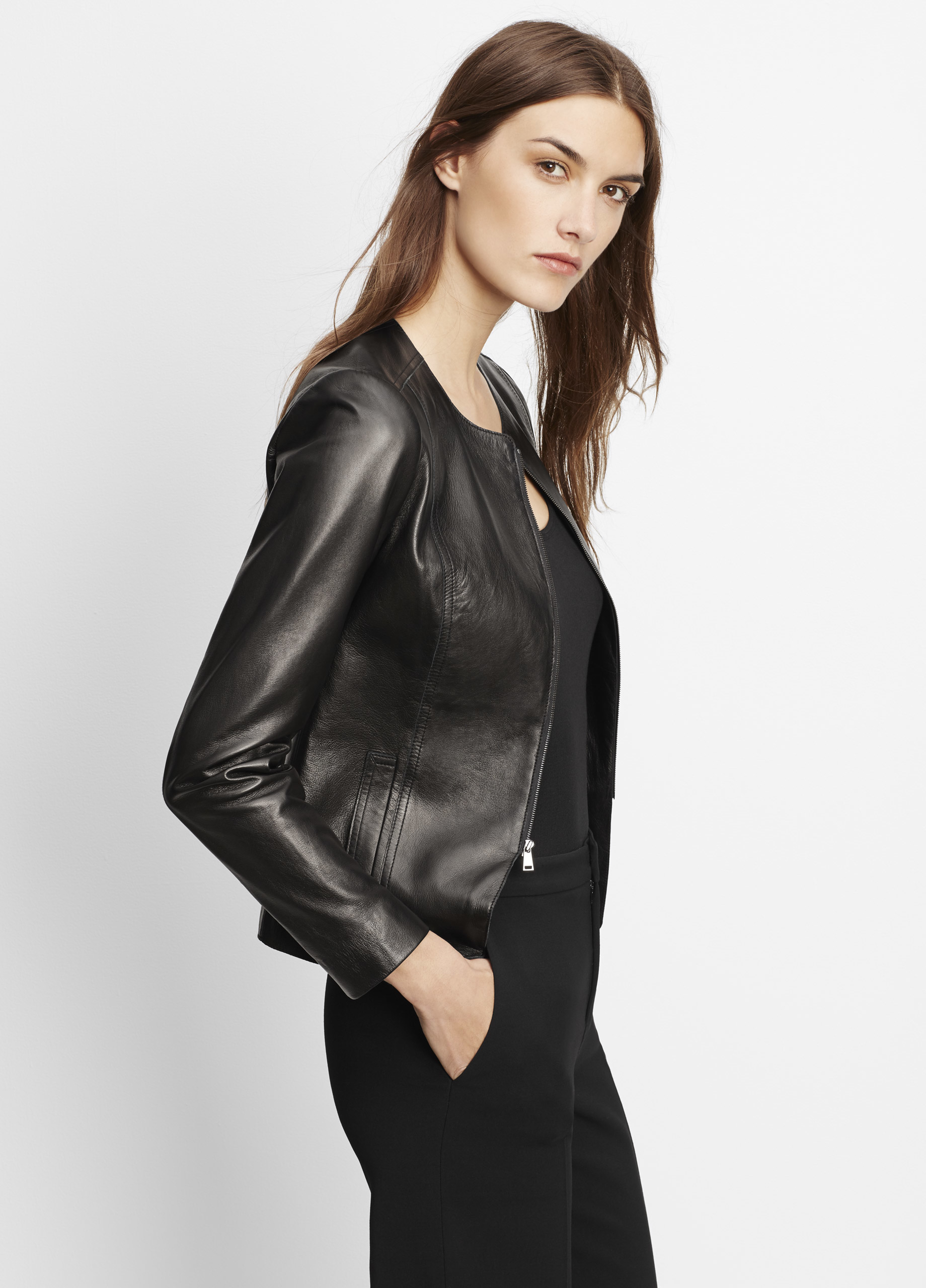 Vince Tailored Collarless Leather Jacket In Black Lyst Gallery Women S Collarless Jackets Leather