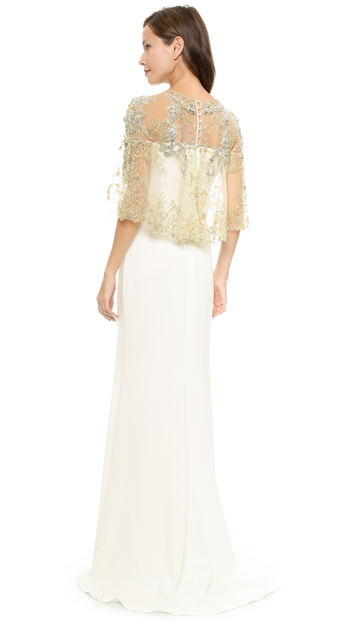 Lyst Badgley Mischka Pebble Crepe Gown With Cape Ivory Gold In White Gallery