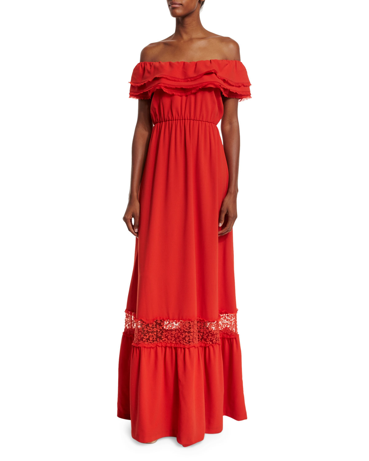 Alice + olivia Cheri Lace-trim Maxi Dress in Red | Lyst