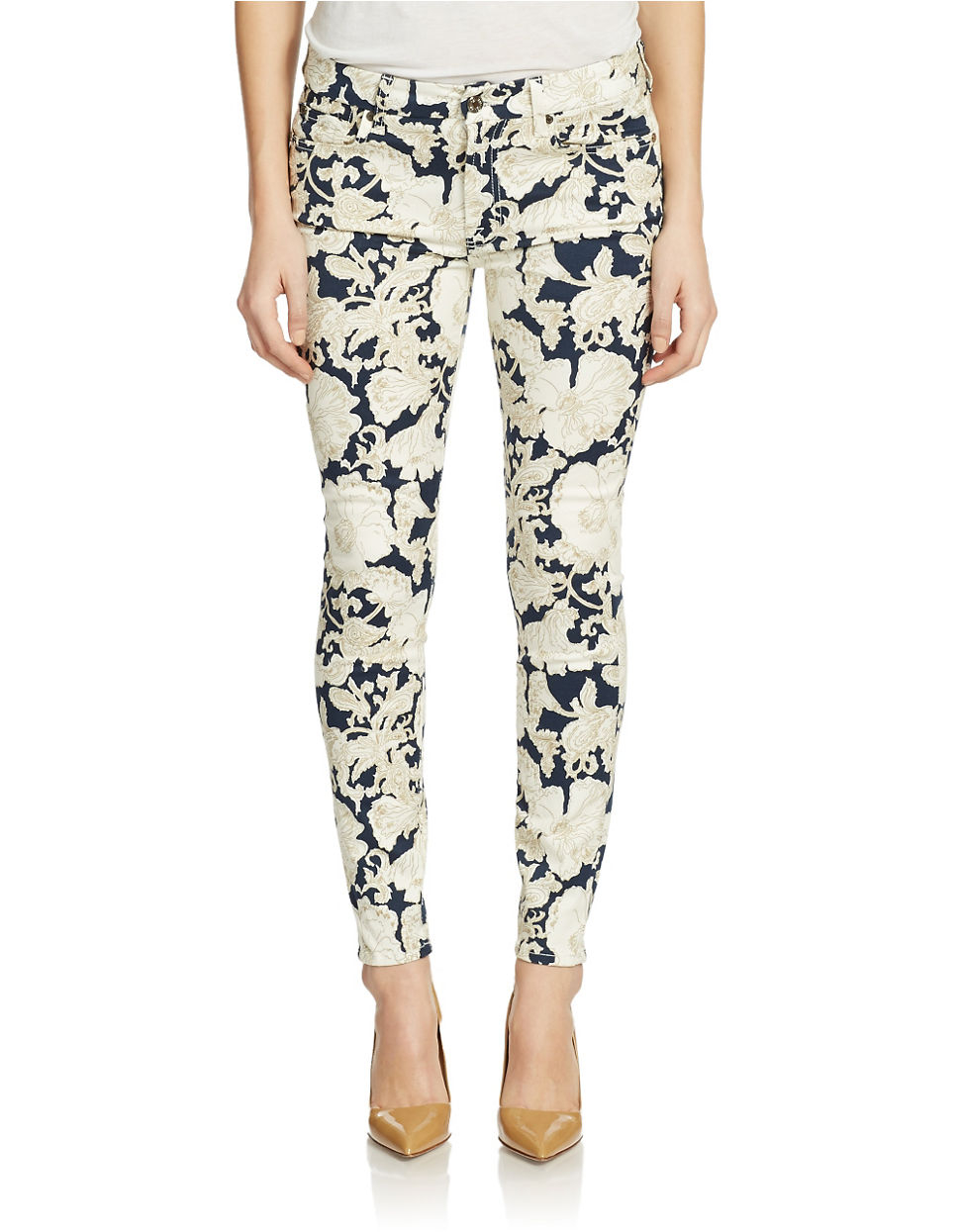 Lyst - 7 For All Mankind Floral-Print Skinny Ankle Jeans in Black