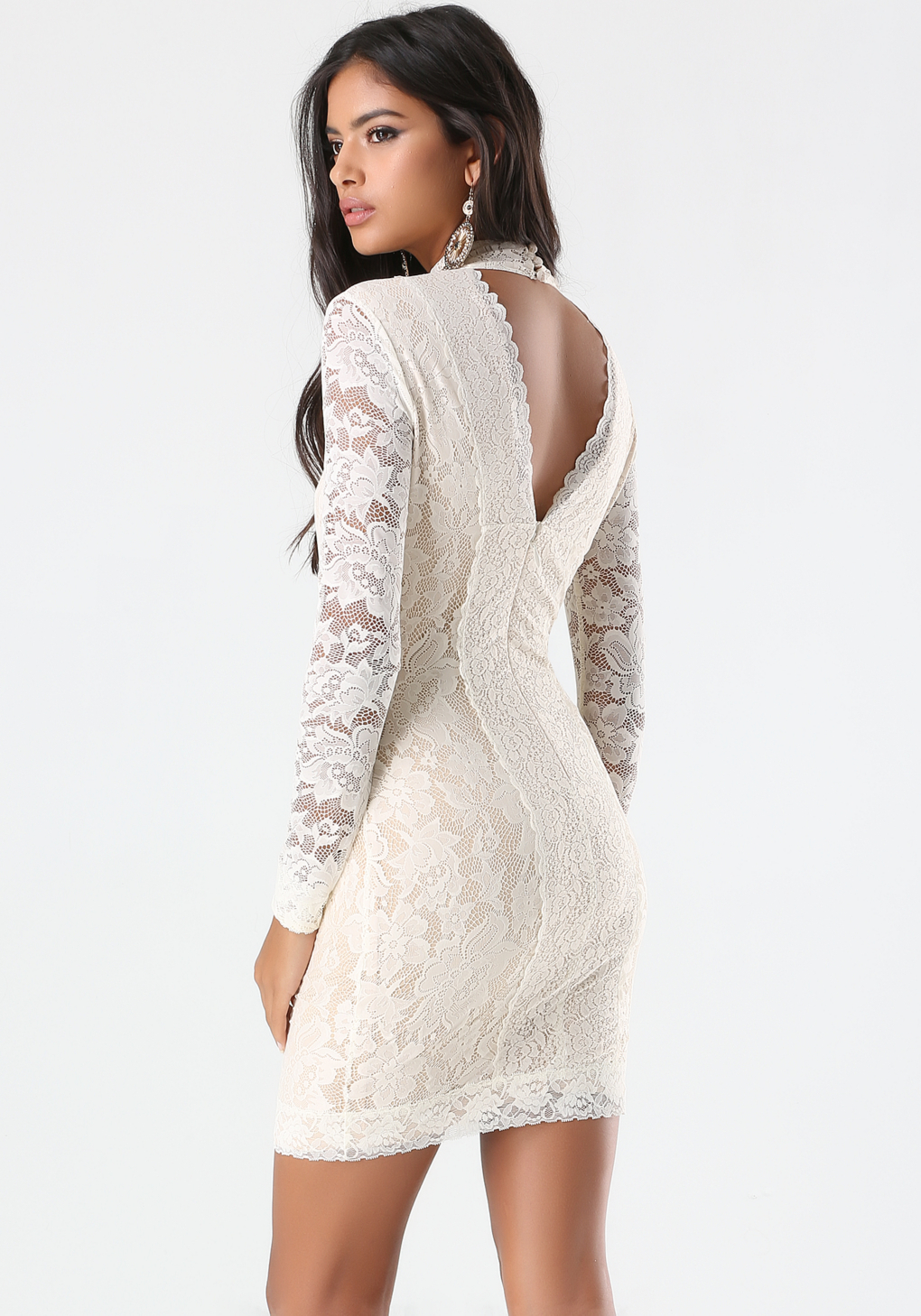 Download Bebe Lace Panel Mock Neck Dress in Natural | Lyst