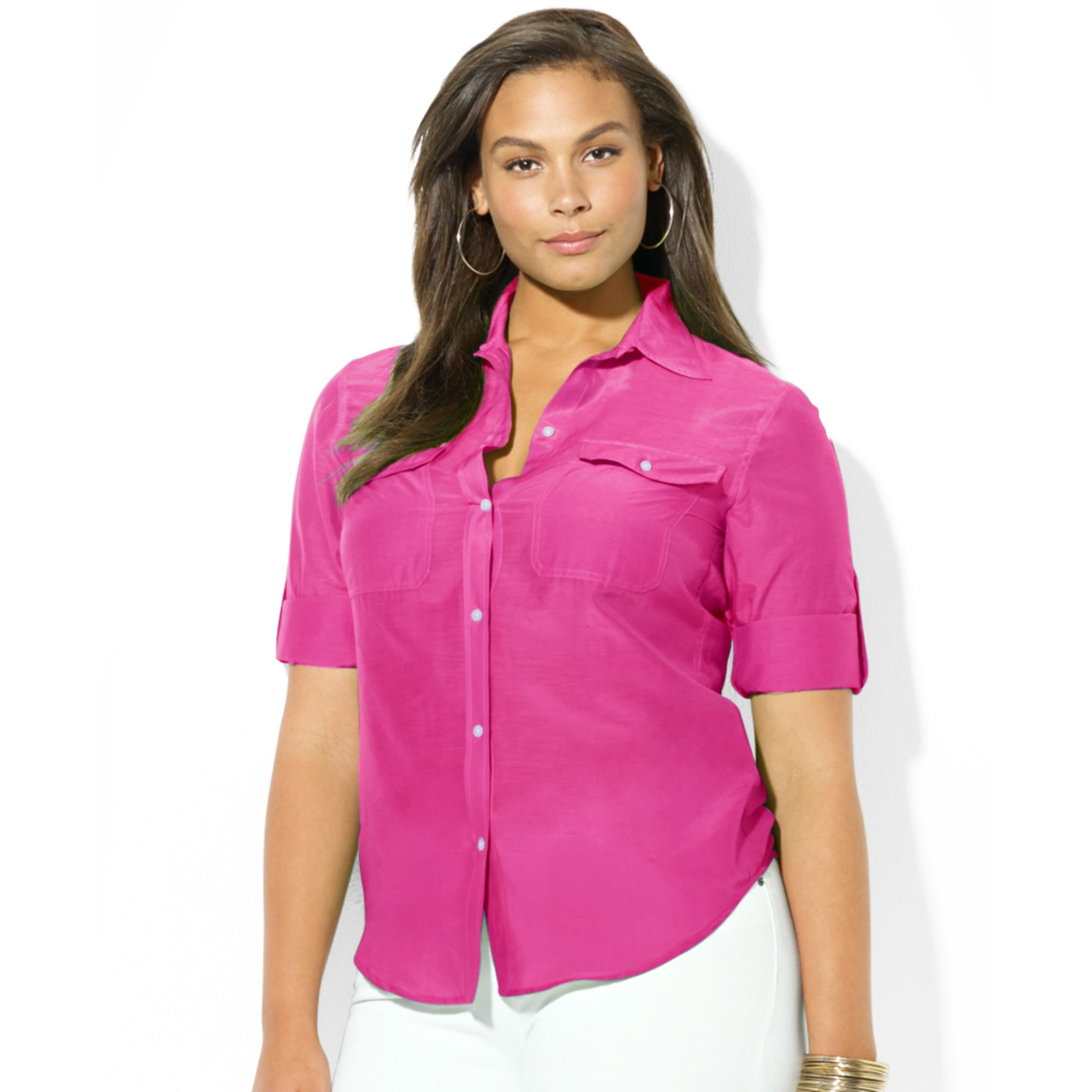 Lyst Lauren By Ralph Lauren Plus Size Rolltabsleeve Utility Shirt in Pink
