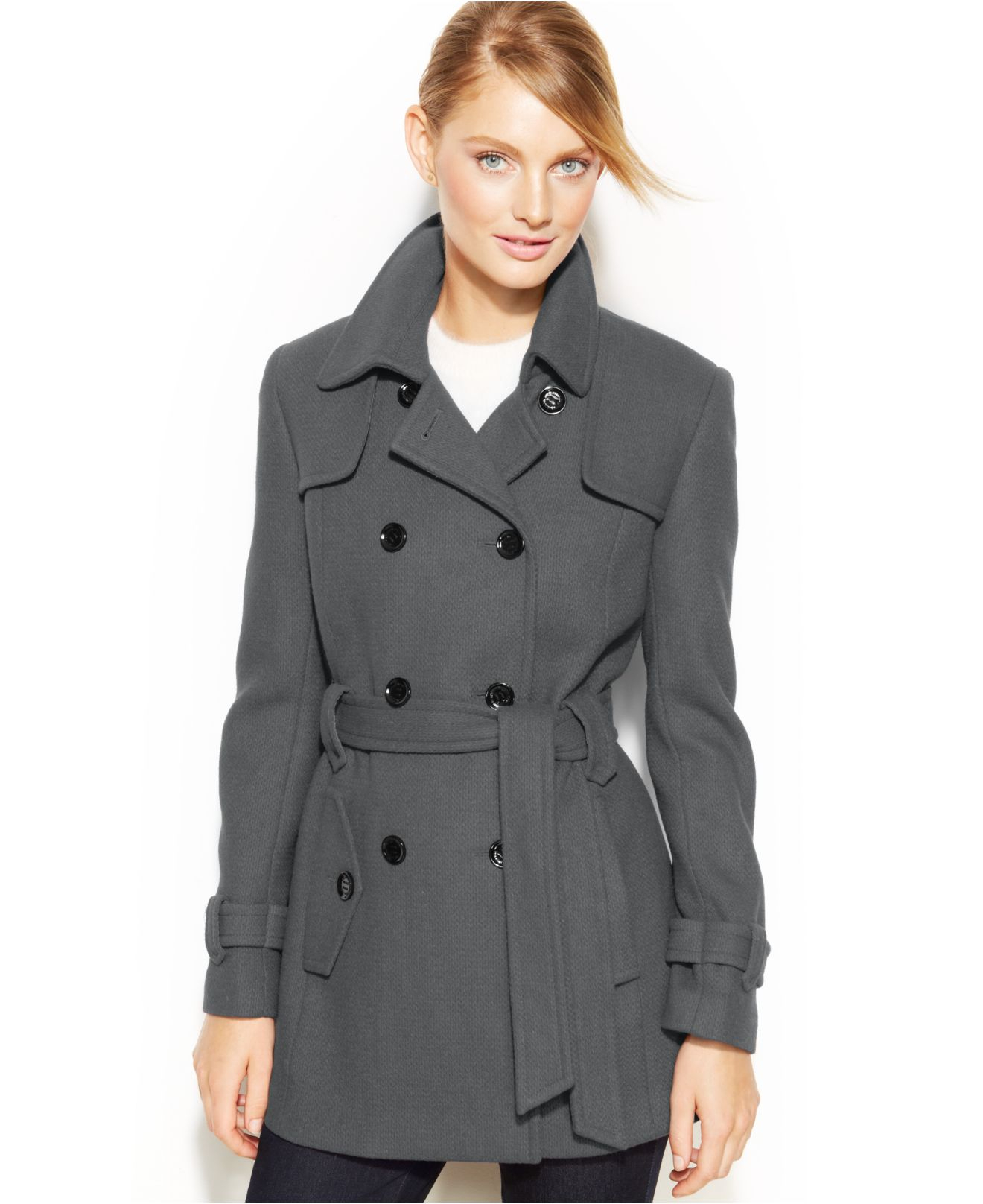 Lyst - Calvin Klein Double-Breasted Belted Pea Coat in Gray