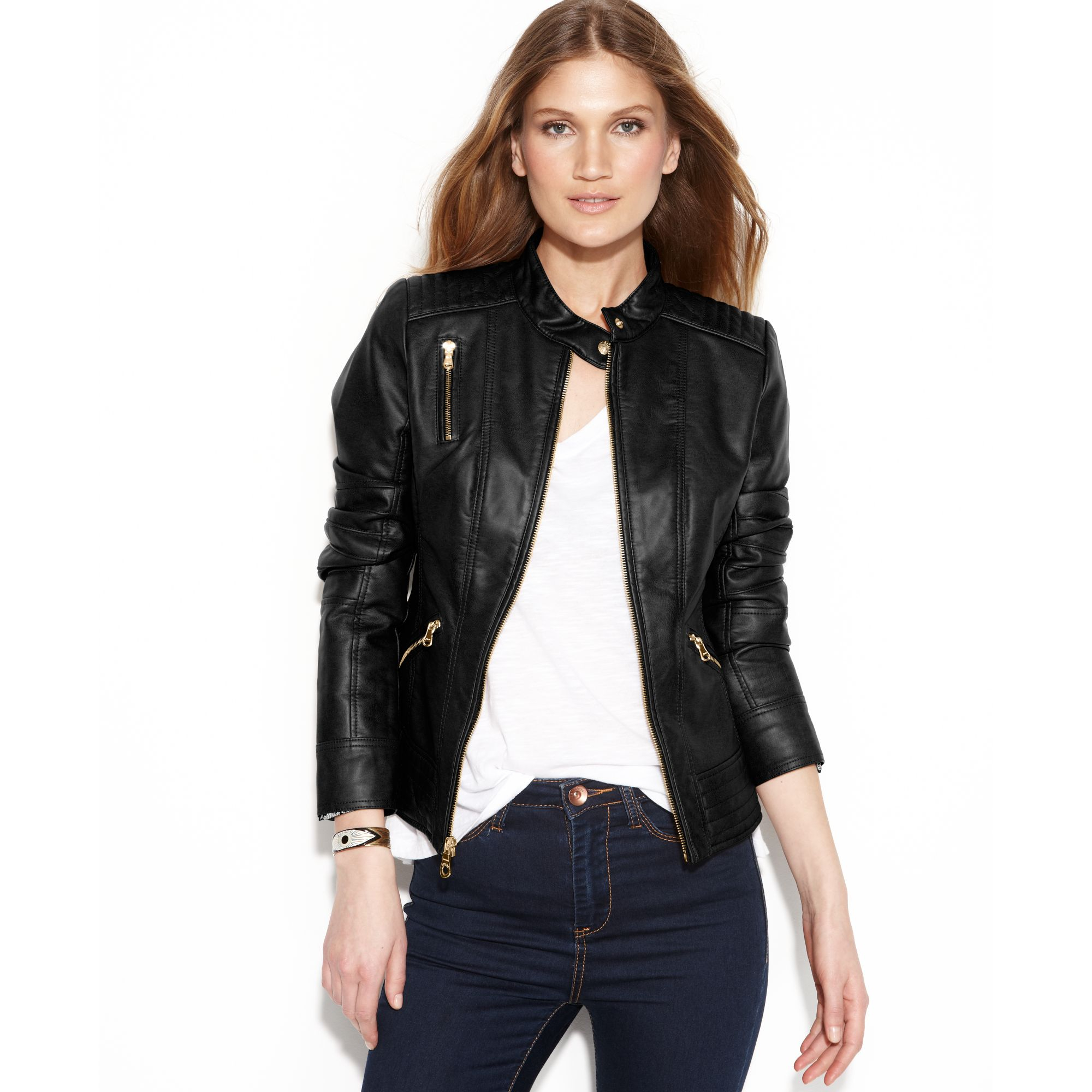 Lyst Guess Quilteddetail Fauxleather Jacket In Black Gallery