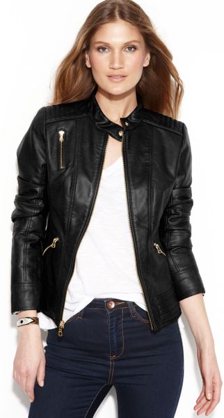 Guess Quilteddetail Fauxleather Jacket in Black | Lyst