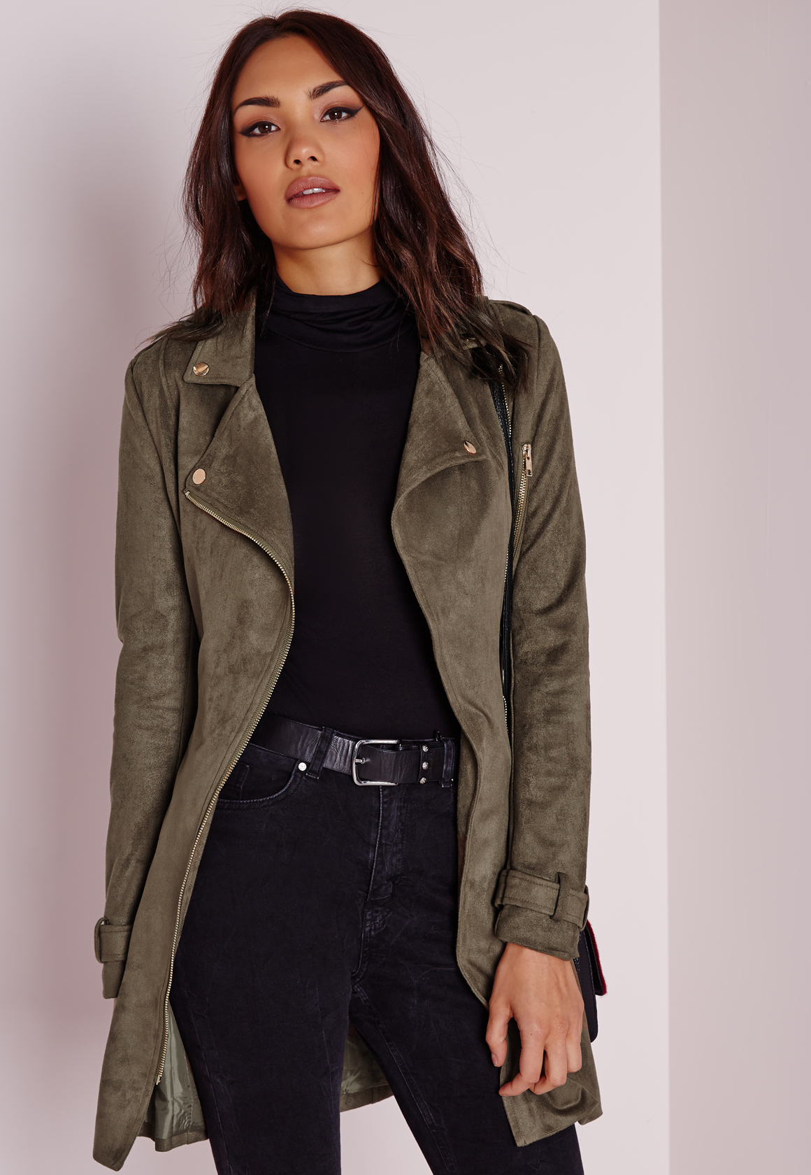Lyst Missguided Longline Faux Suede Biker Jacket Khaki In Natural Gallery Women S Paisley Jackets