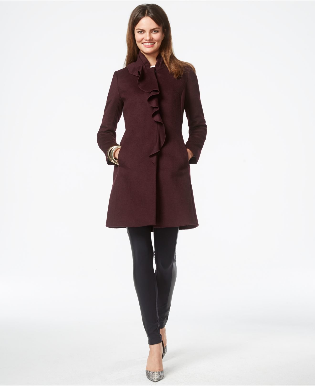 Dkny Ruffle-front Wool-blend Walker Coat in Purple (Shiraz) | Lyst