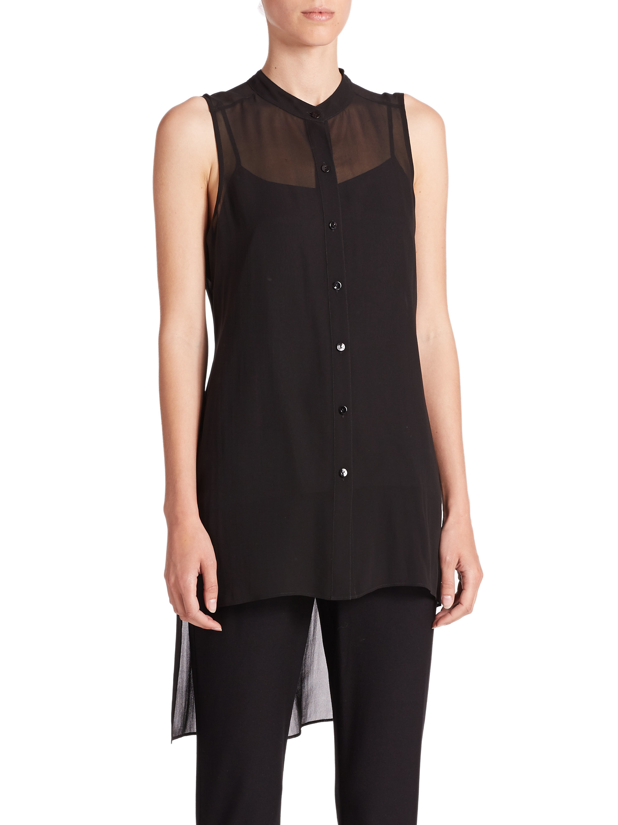 Eileen fisher Sheer Hi-lo Silk Tunic in Black | Lyst