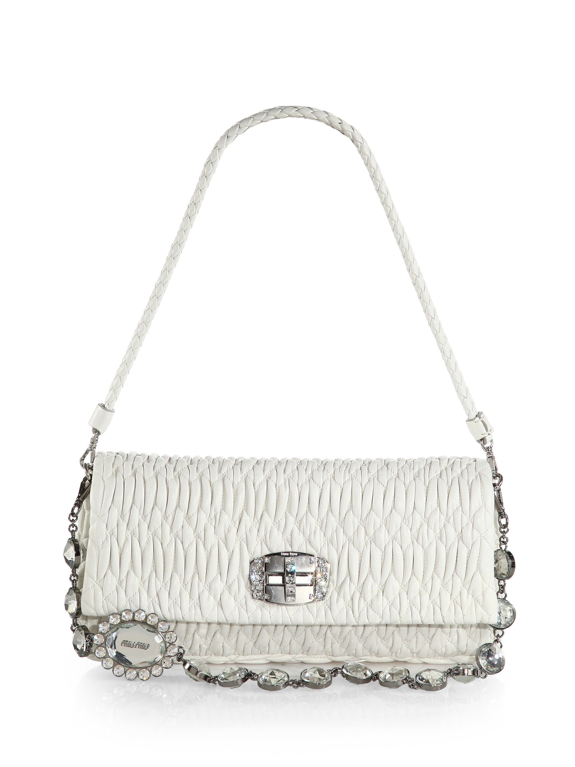 Miu miu Double-strap Pucker Leather Shoulder Bag in White | Lyst