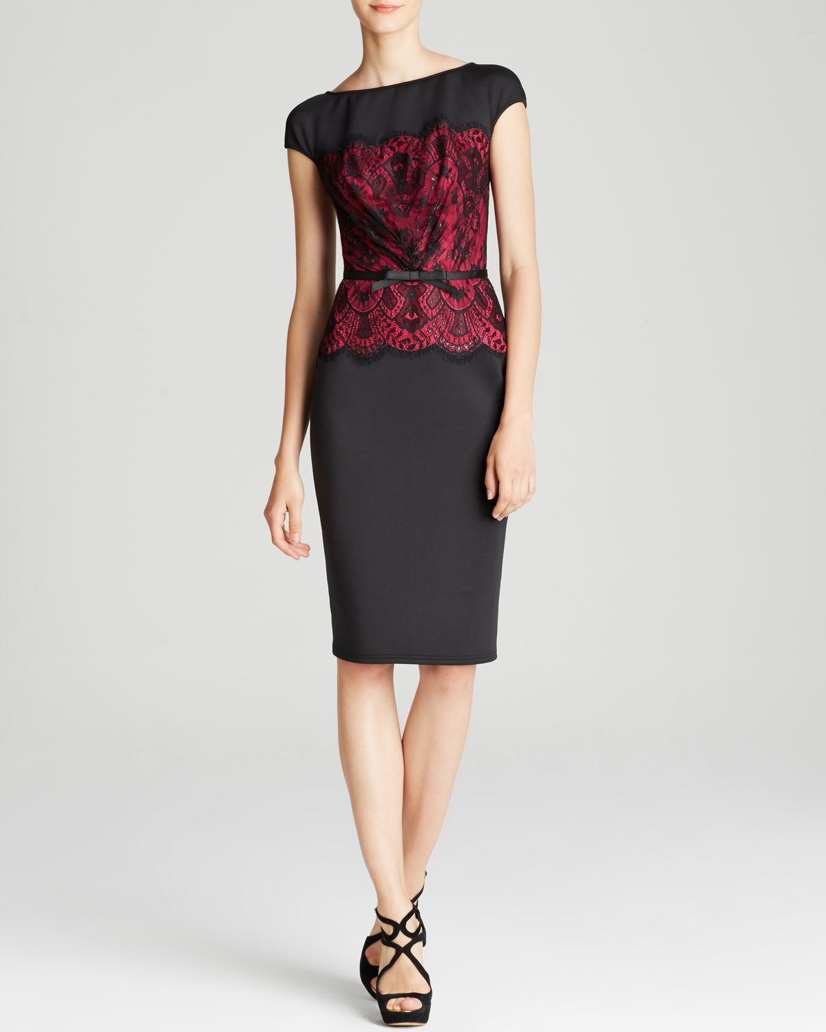 Lyst Tadashi Shoji Dress Cap Sleeve Lace Neoprene Belted Sheath in Red