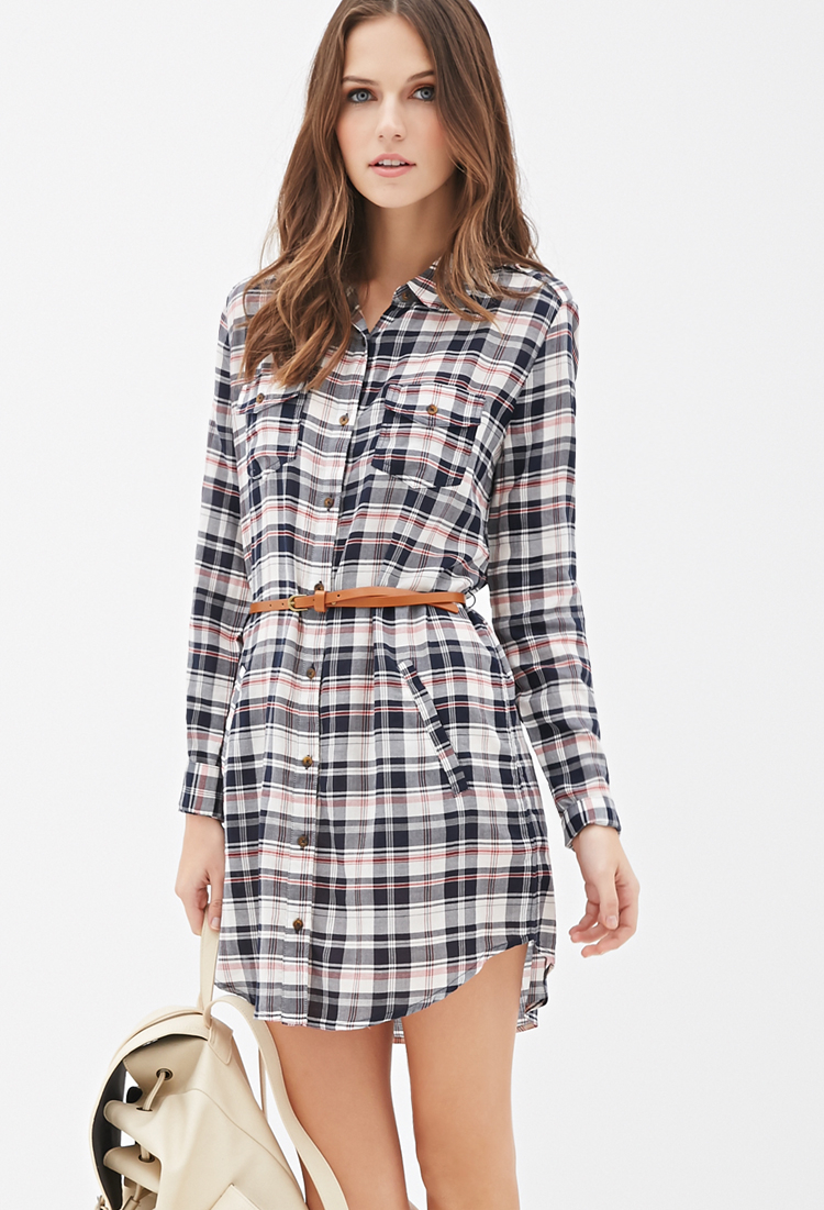 Lyst Forever  21  Belted Plaid Shirt  Dress  in Natural