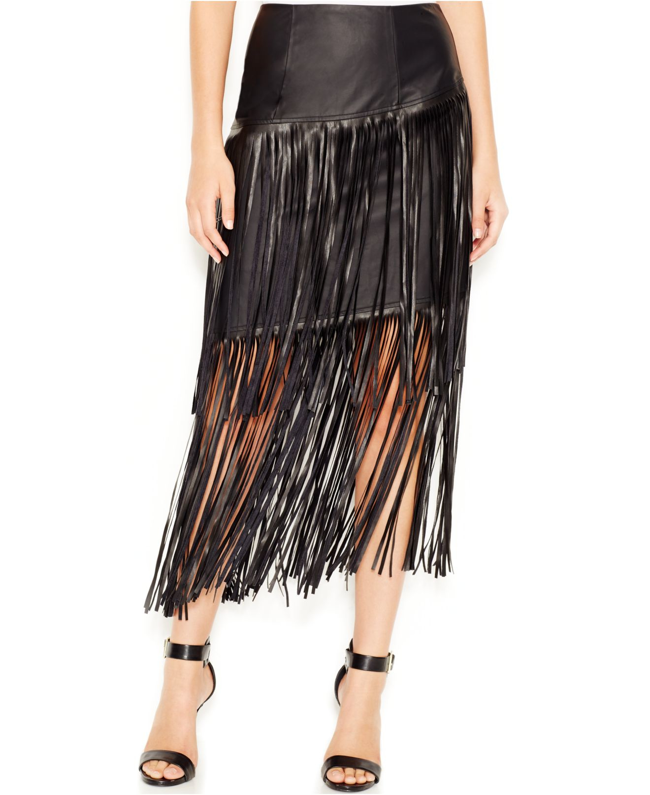 Lyst - Kensie Fringe-detail Pleather Skirt in Black