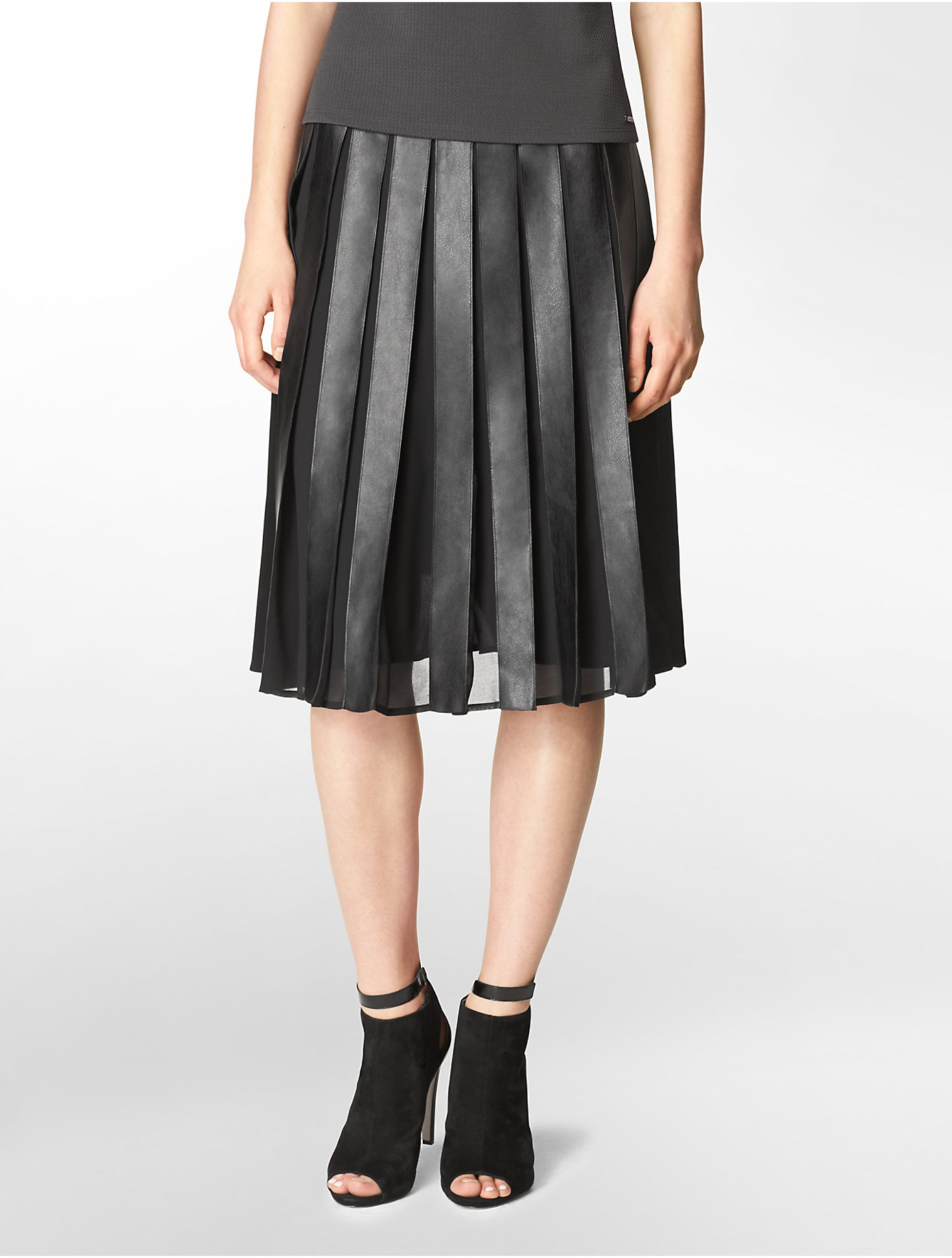 Calvin klein White Label Faux Leather + Chiffon Pleated Skirt in Black ...