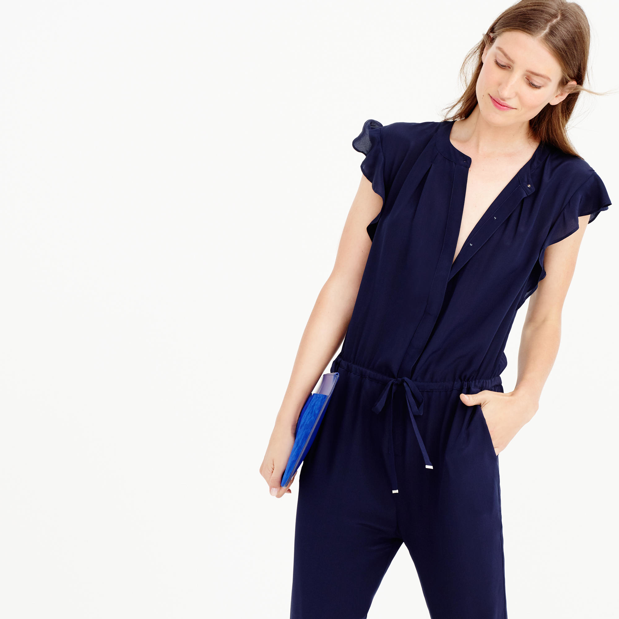 J.crew Silk Flutter-sleeve Jumpsuit in Blue | Lyst