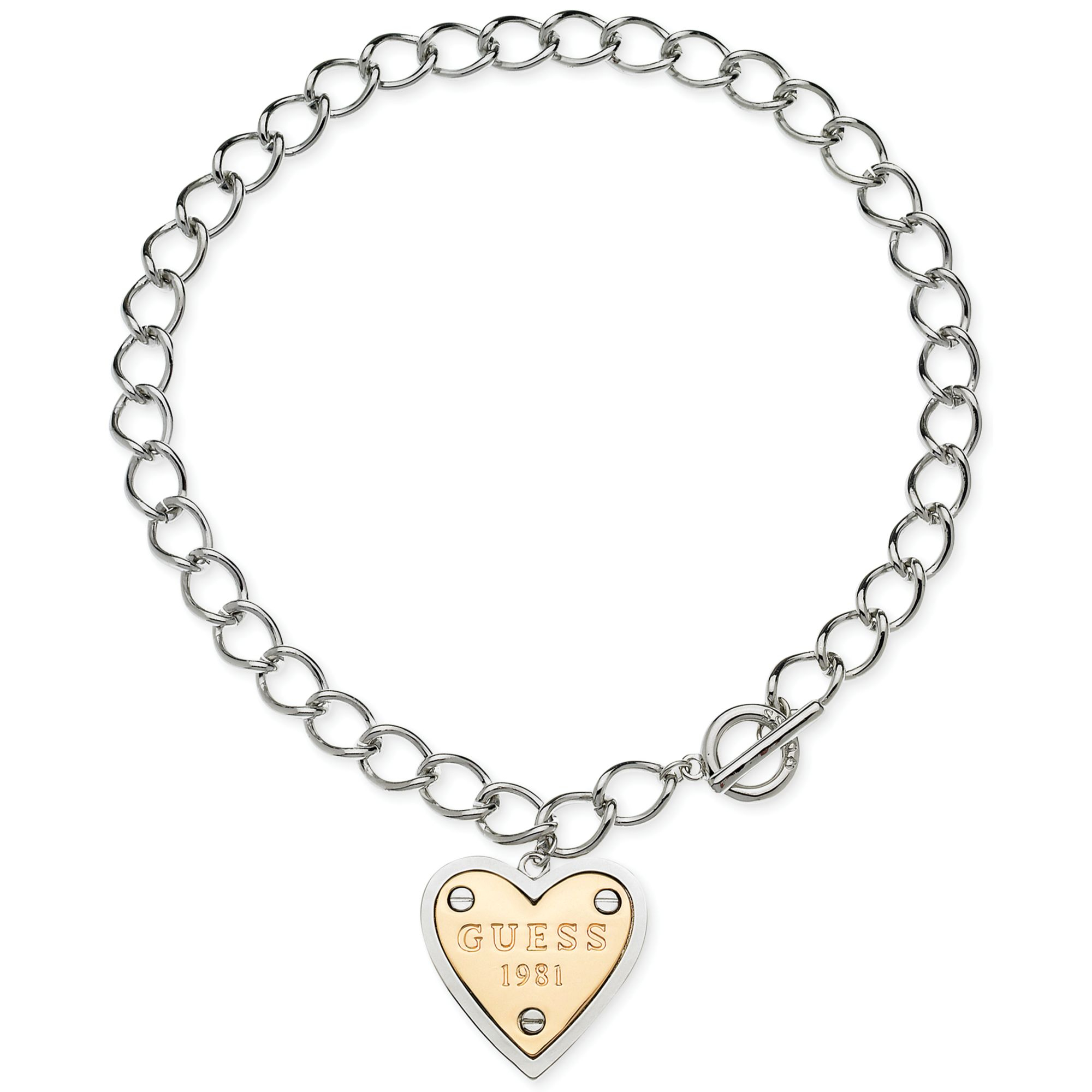 Guess Twotone Logo Heart Pendant Toggle Necklace in Silver (Silver/Gold)