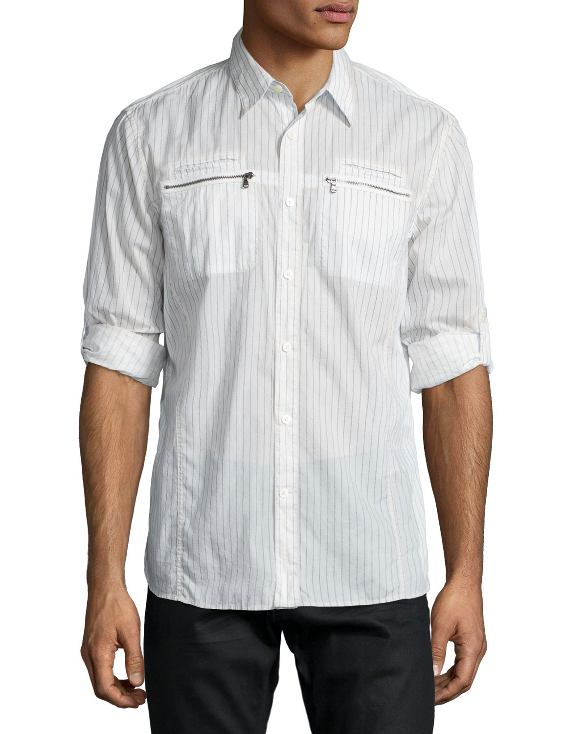 John varvatos Double-zip Pocket Roll-tab Shirt in Gray for Men | Lyst