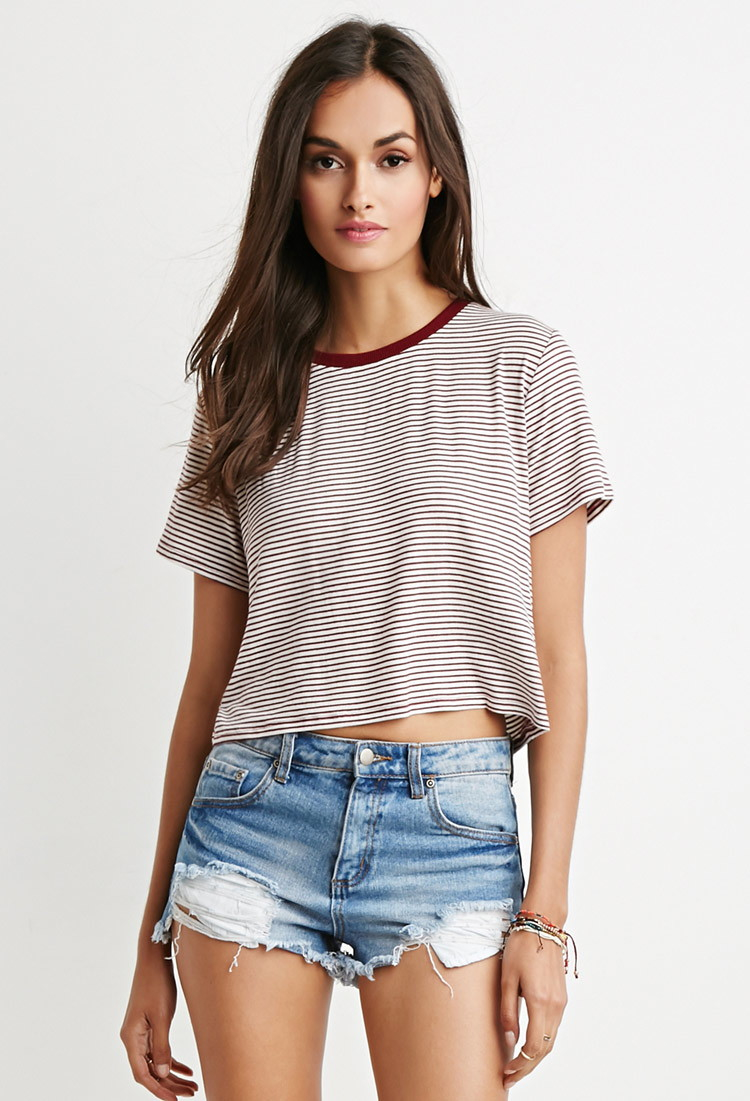 Forever 21 Cropped Boxy Striped Tee in Natural | Lyst