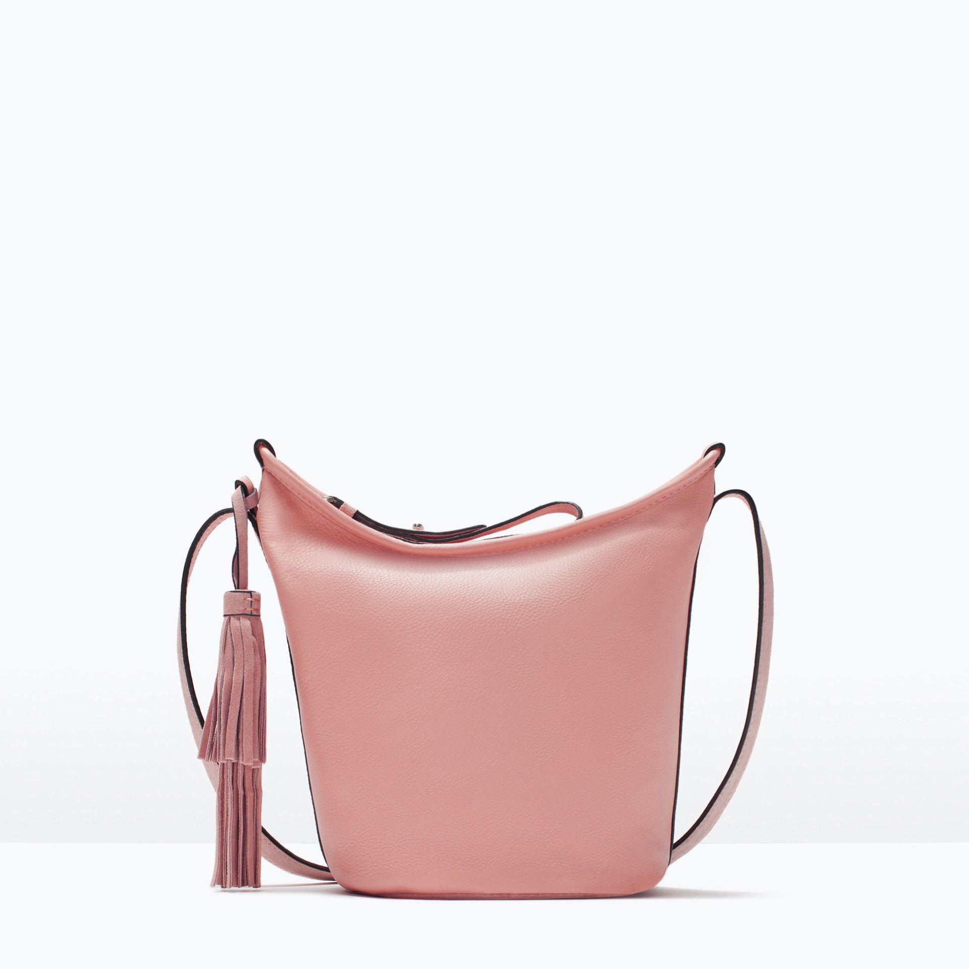 Pink Leather Bucket Bag With Tassel