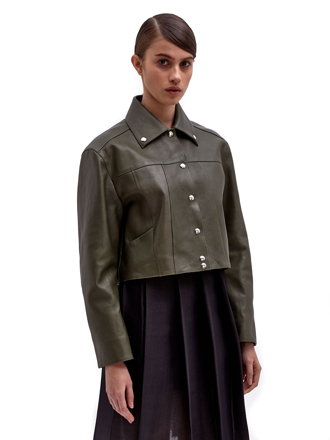 Yang Li Womens Incas Puchini Leather Denim Style Jacket In Green Gallery