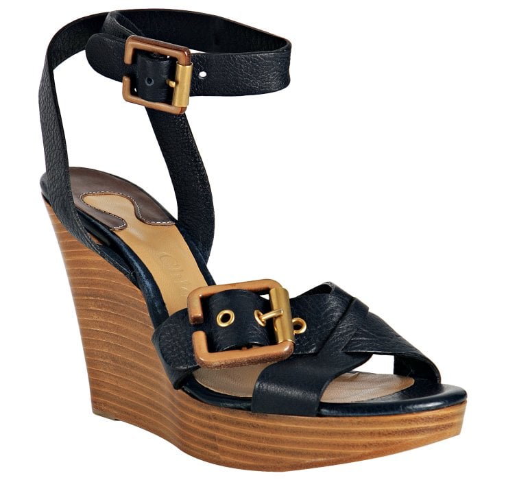 Lyst - Chloé Navy Leather Buckle Detail Wedge Sandals in Blue