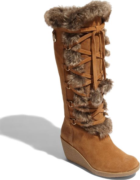 Michael Michael Kors Vail Faux-fur-trimmed Suede Boots in Brown (barley ...