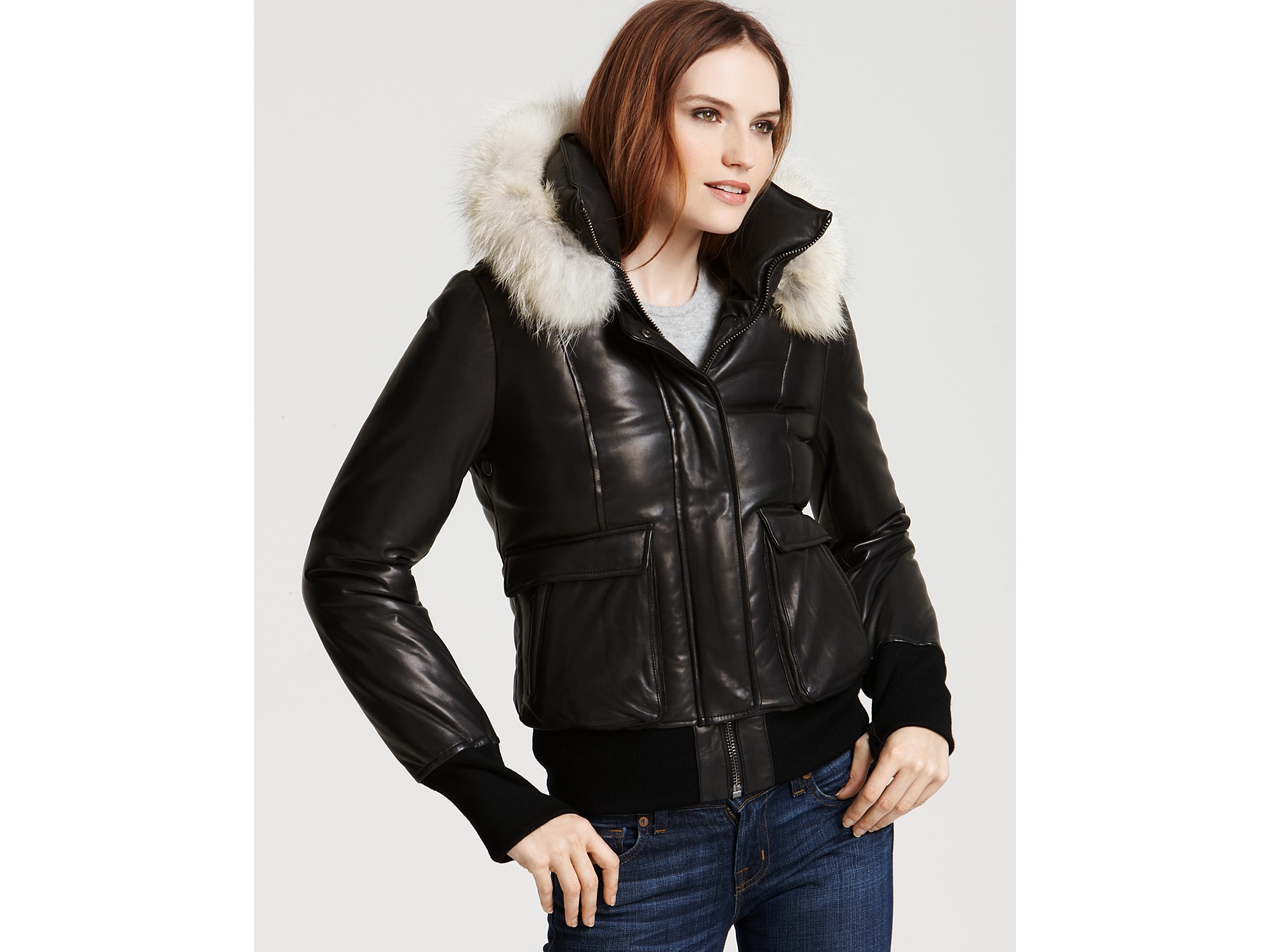 Mackage Glam Puffy Leather Bomber Jacket with Coyote Fur Trim in Black ...