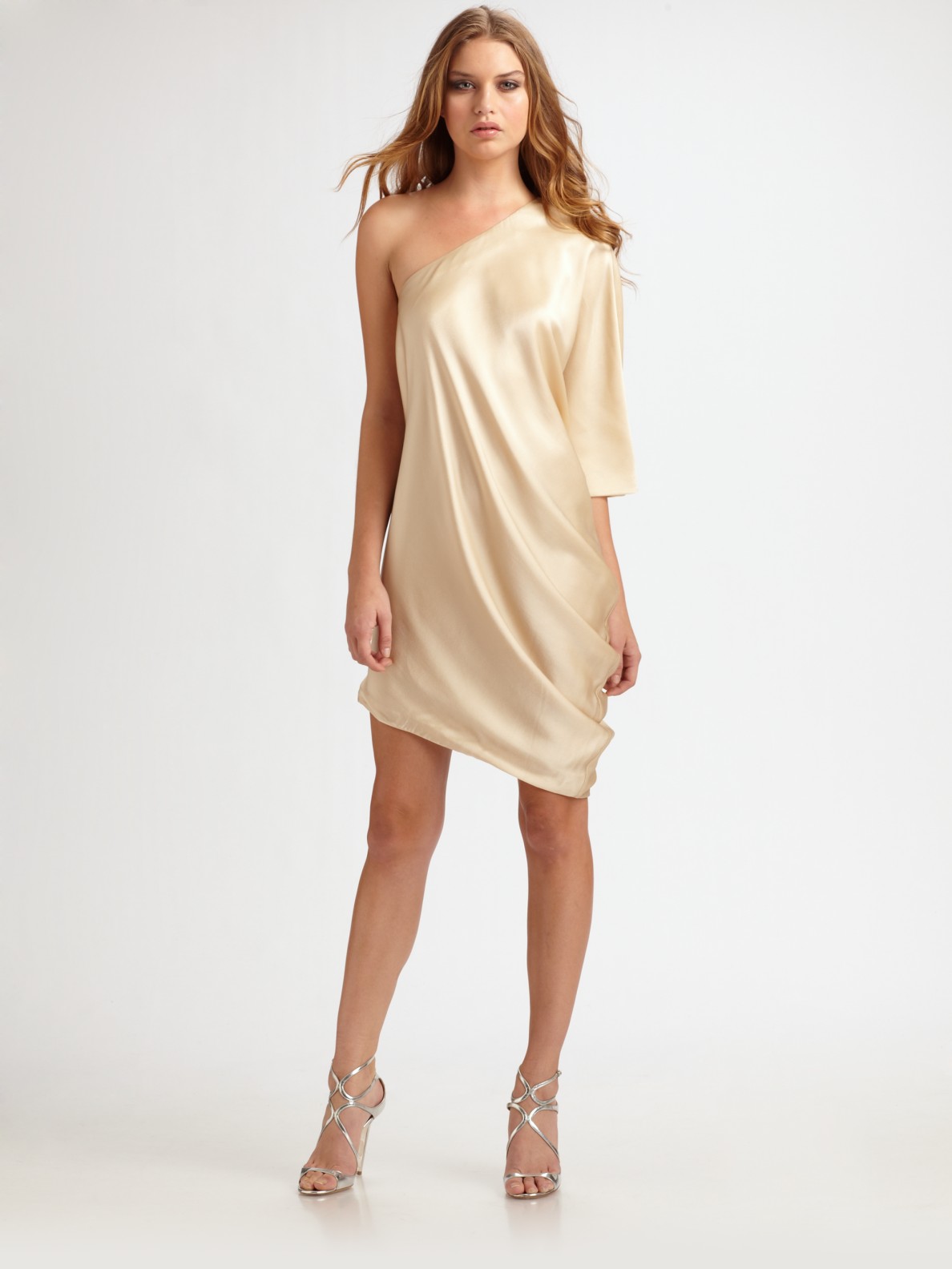 Lyst - Halston One-sleeve Drape Dress in Metallic
