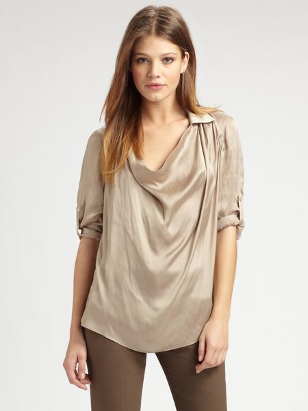 Vince Satin Cowlneck Blouse in Beige (TAUPE) | Lyst