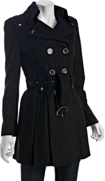Miss Sixty Black Wool Pleated Stud Detail Coat in Black | Lyst